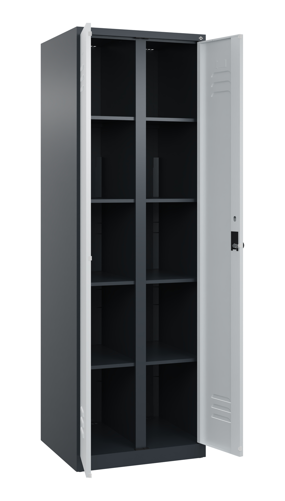 Metallschrank mit offenen Türen, leere Regale, neutrales Studio.