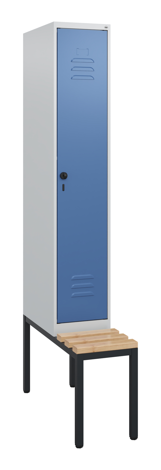 Blauer Spind steht auf schwarzem Gestell mit Holzbank im Vordergrund.