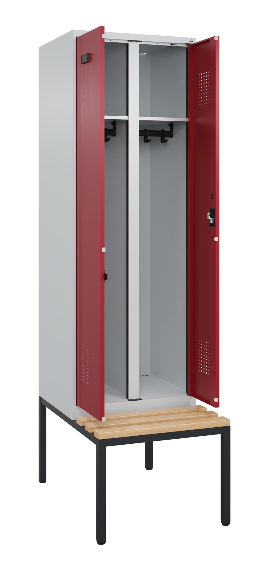 Metallspind mit roten Türen steht offen auf Holzbank.