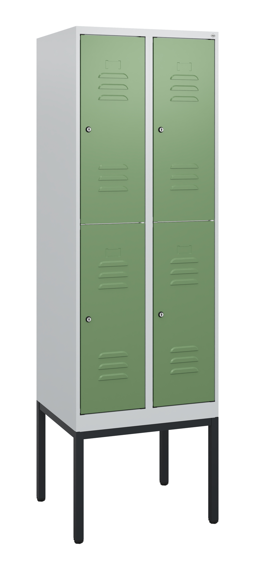 Metallschrank mit vier grünen Türen in einem weißen Rahmen, freistehend im Raum.