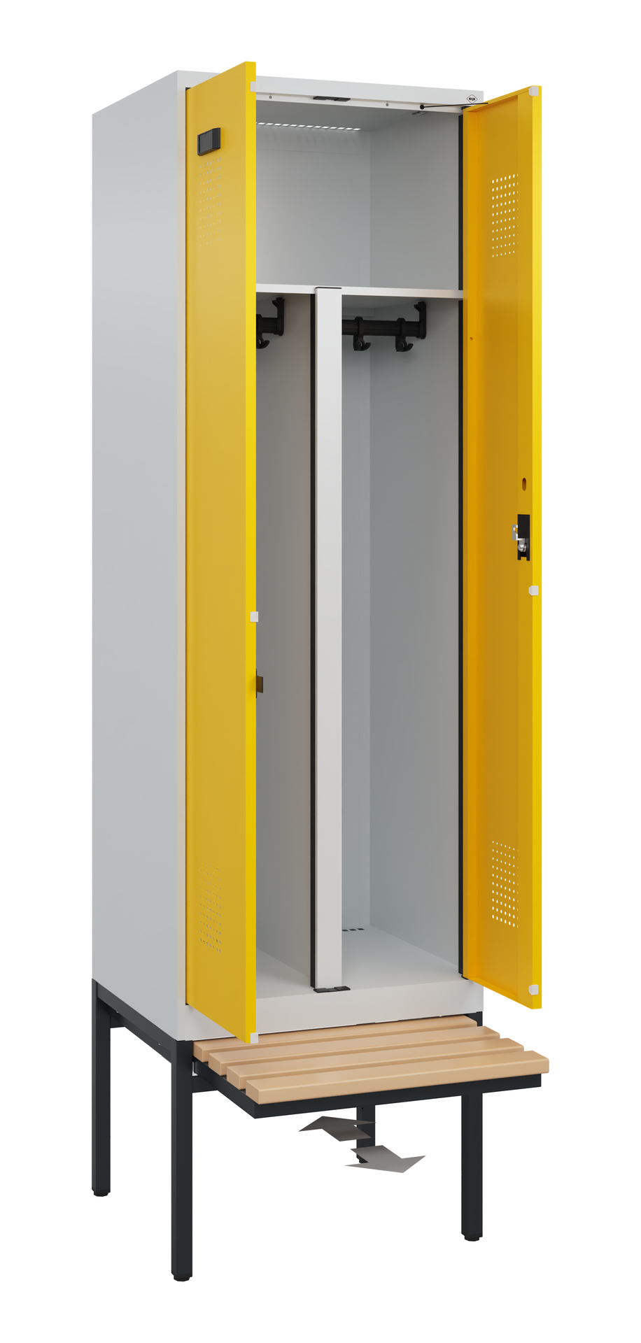 C+P PSA Schwarz-Weiß-Spind Evolo PLUS, Bank, 2 Abteile, 2120x600x815mm