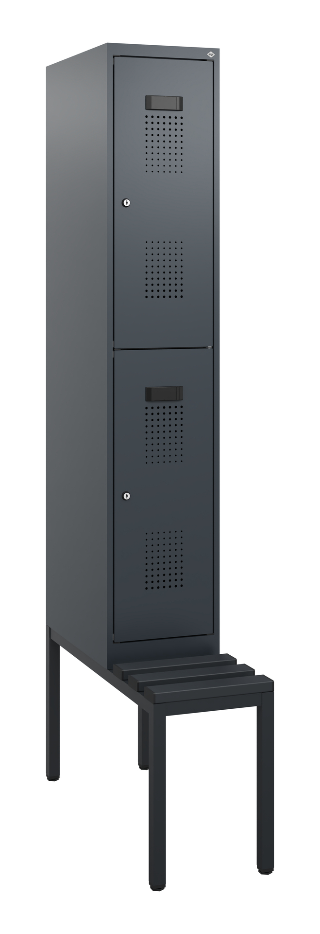 Dunkelgrauer Stahlschrank mit Sitzbank in leerem Raum.