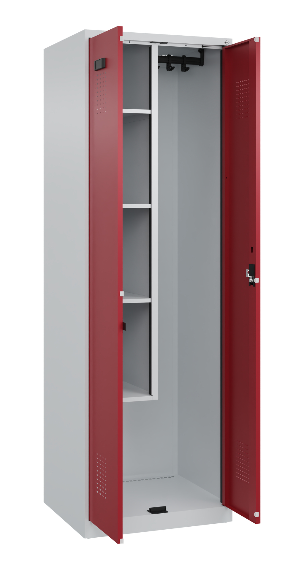 Grauer Spind mit roten Türen und hängendem Innenschrank.
