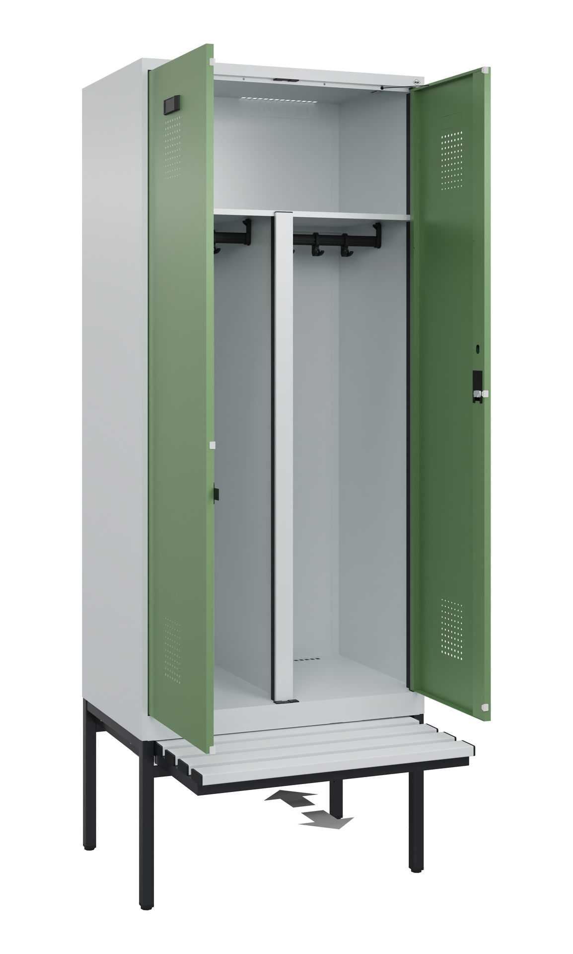 C+P PSA Schwarz-Weiß-Spind Evolo PLUS, Bank, 2 Abteile, 2120x800x815mm