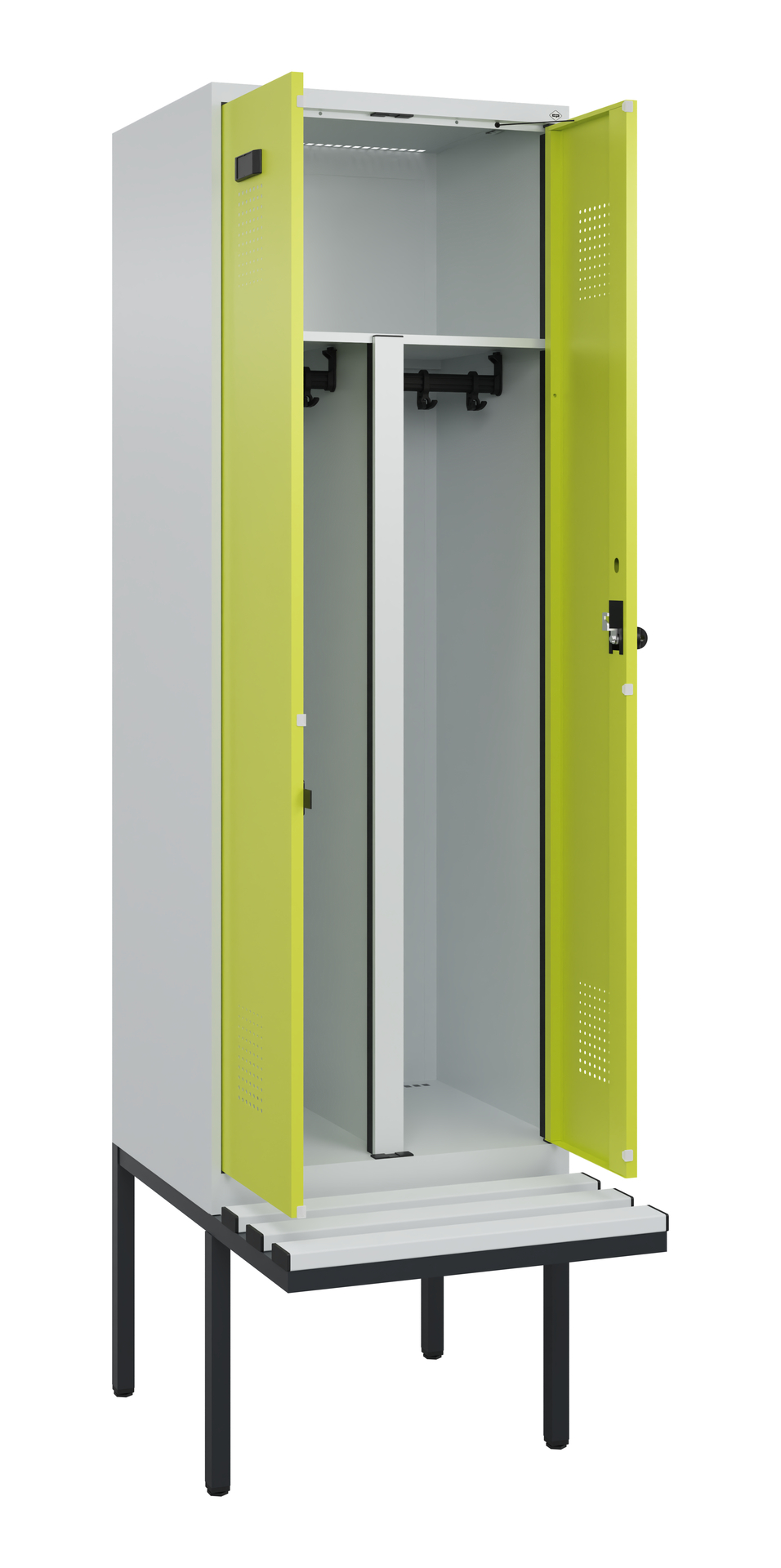 C+P PSA Schwarz-Weiß-Spind Evolo PLUS, Bank, 2 Abteile, 2120x600x815mm