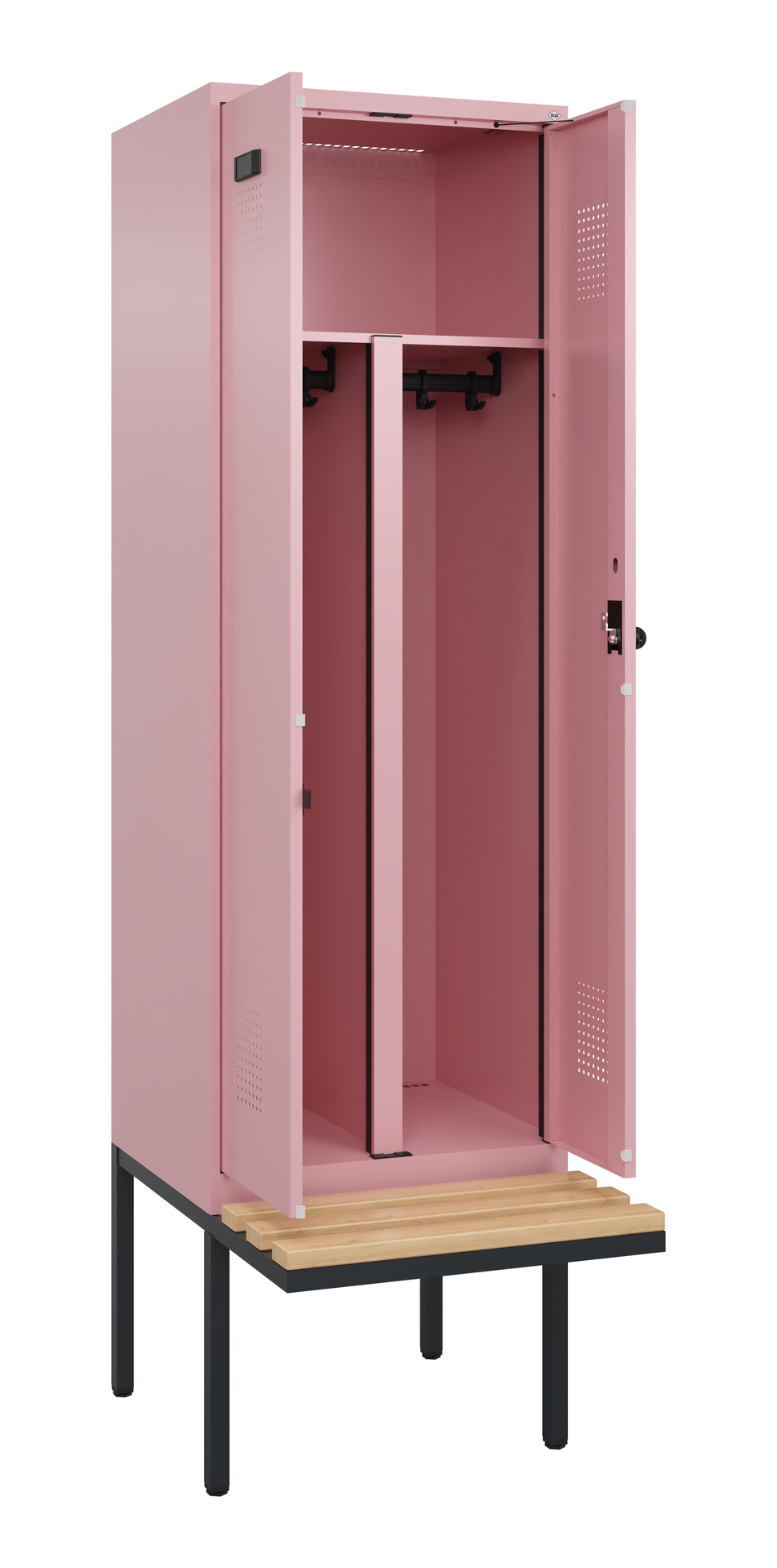 Rosa Spind, steht offen, über Holzbänken auf schwarzem Metallgestell.