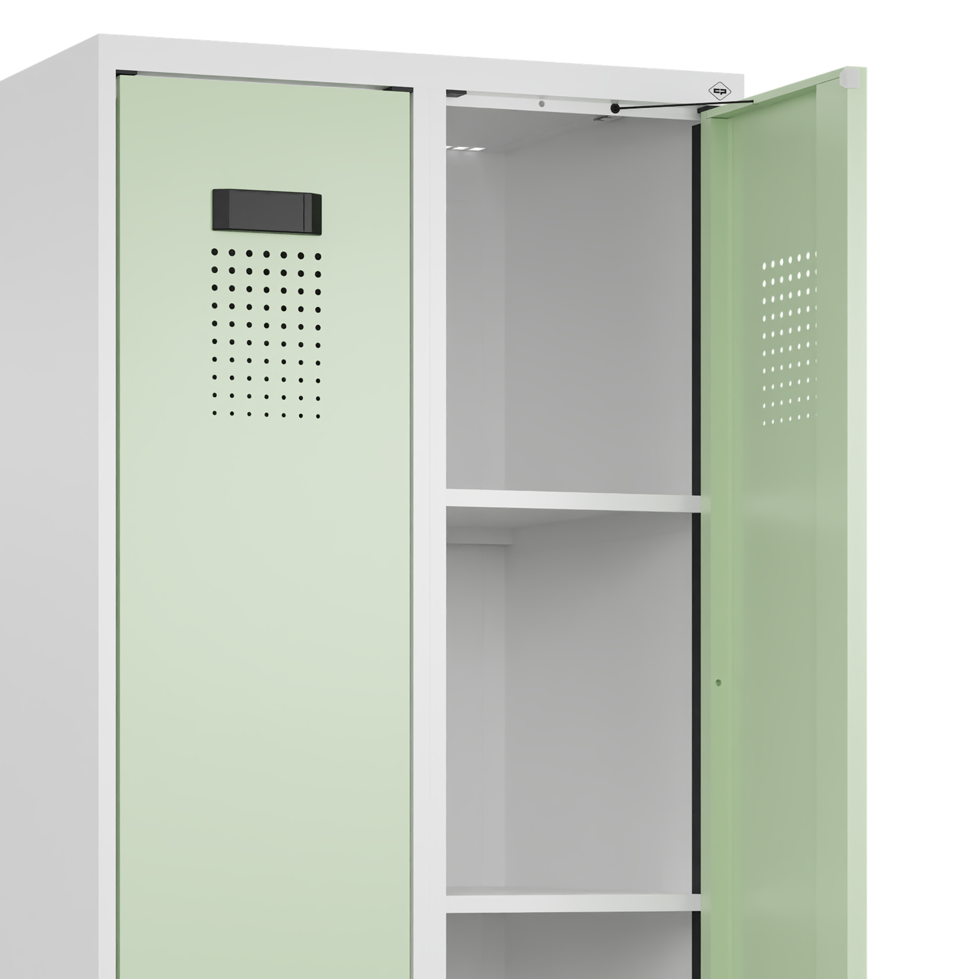 Grüner Metallschrank, offene Tür, leere Innenfächer.