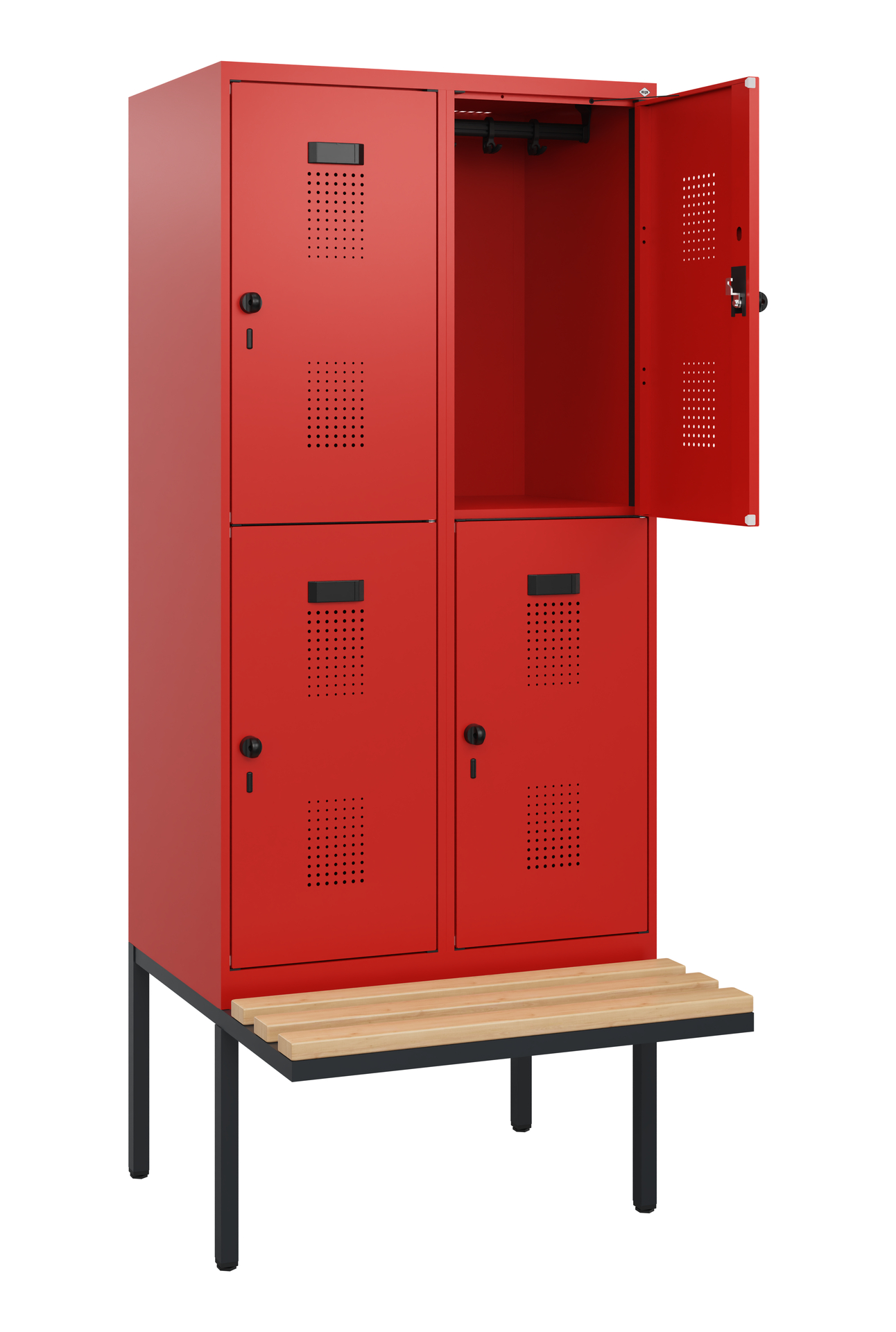 Roter Spind mit Bank, eine Tür geöffnet, in heller Umgebung.