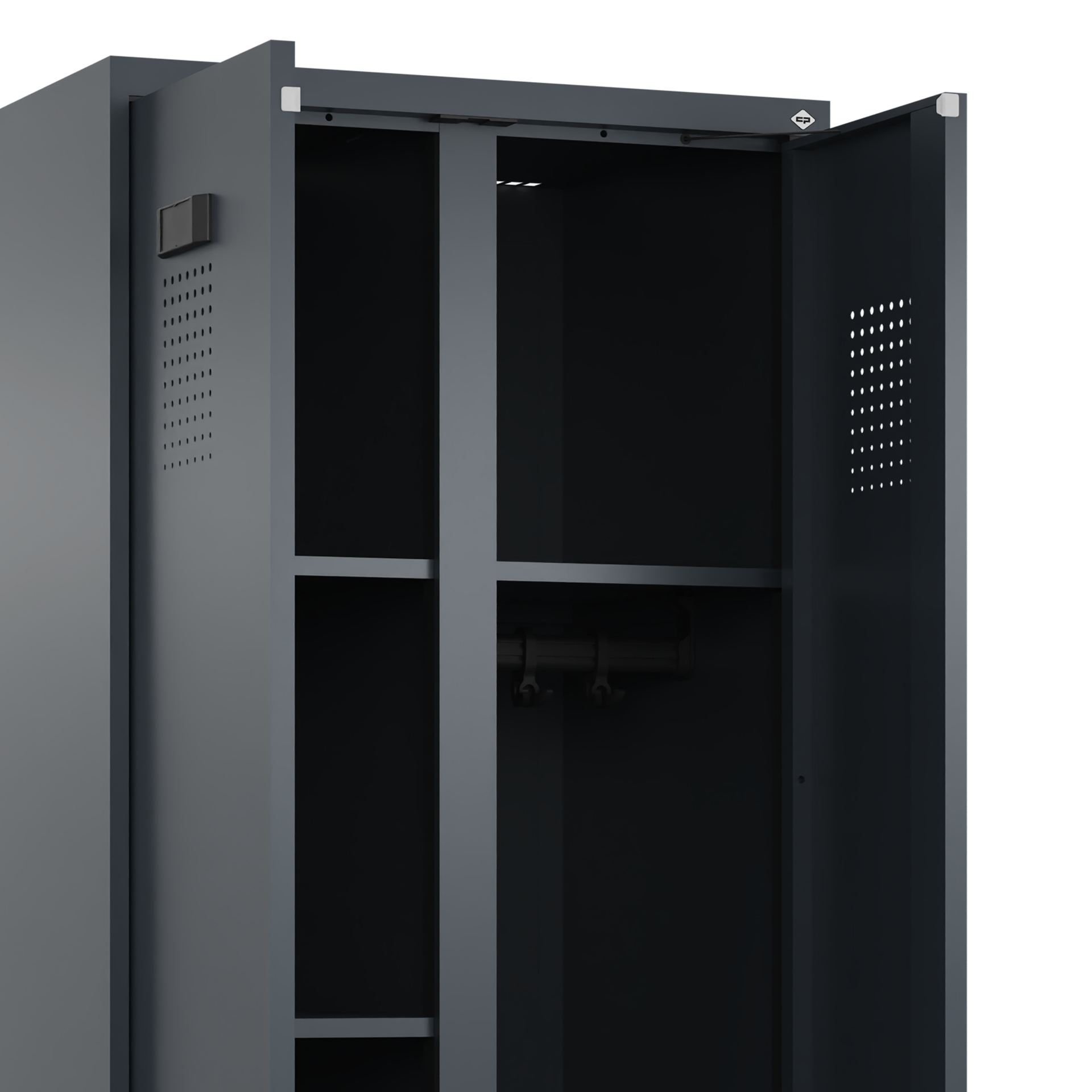 Metallschrank offen in Büro, leer, Tageslicht.