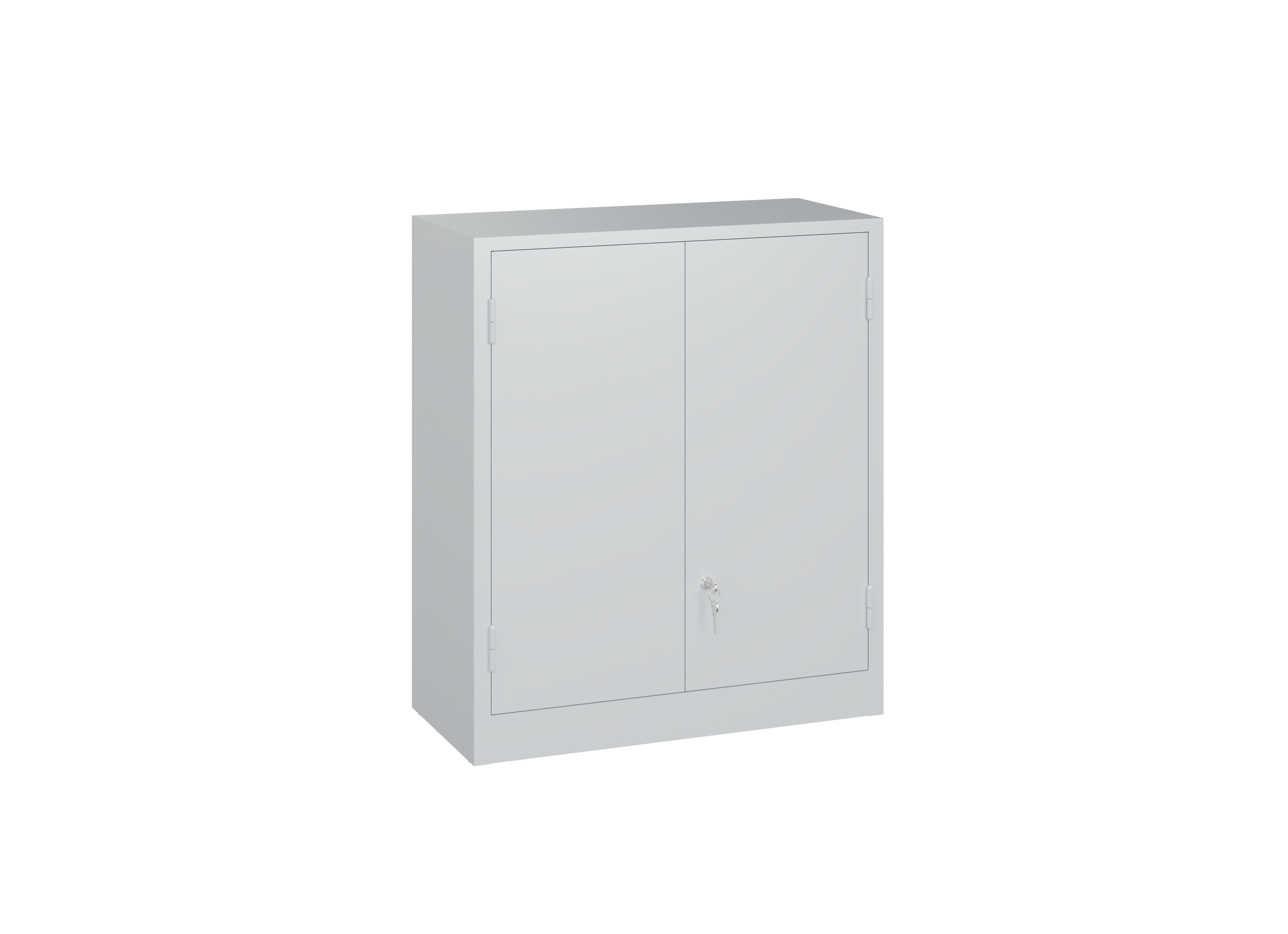 Stahlschrank, geschlossen, auf weißem Hintergrund.