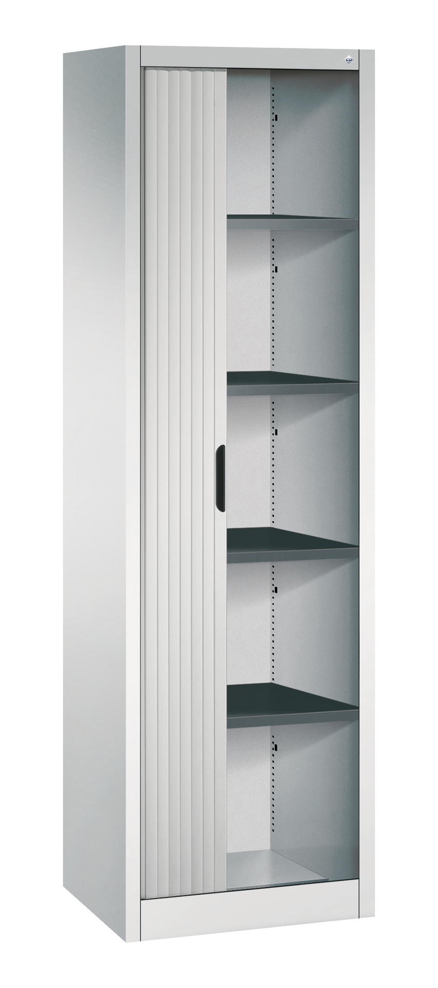 Aktenschrank mit Rollladen, halb geöffnet, in Büroumgebung.