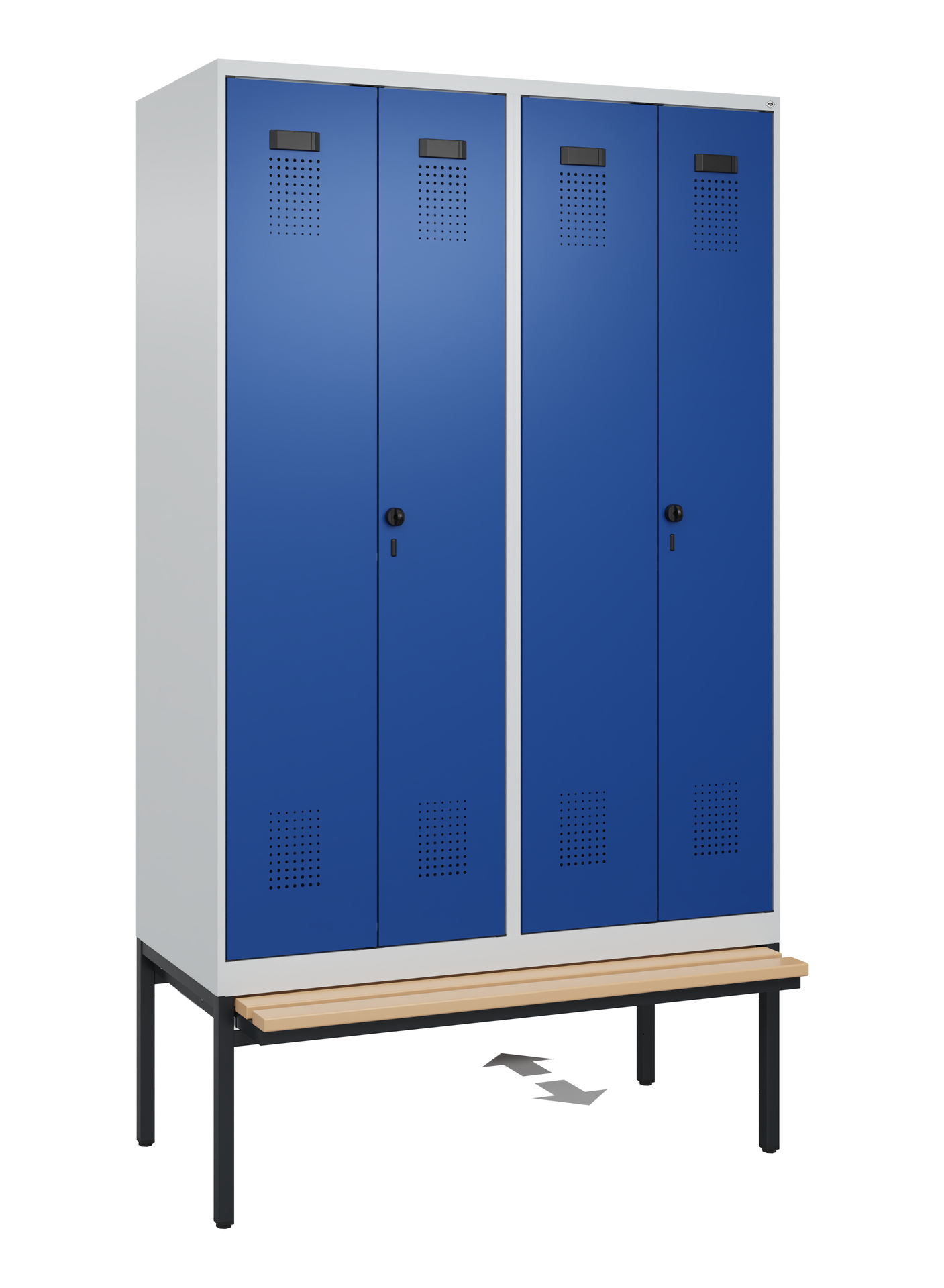 C+P PSA Schwarz-Weiß-Spind Evolo PLUS, Bank, 4 Abteile, 2120x1200x815mm