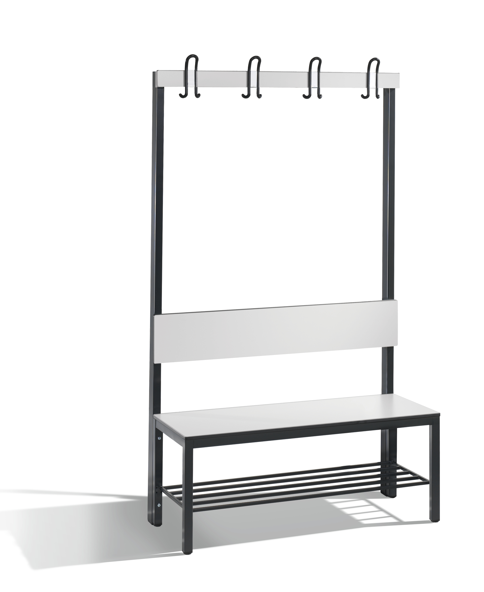 Garderobenbank mit vier Haken in hell grau und schwarzen Amaturen.