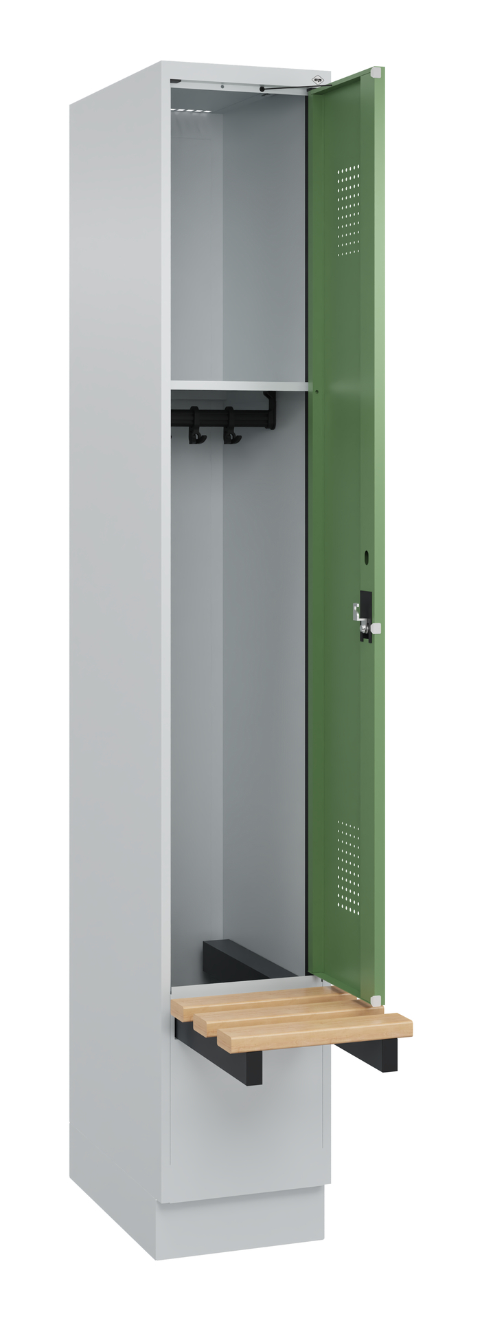 Metallschrank mit geöffneter grüner Tür und Sitzbank in einem leeren Raum.
