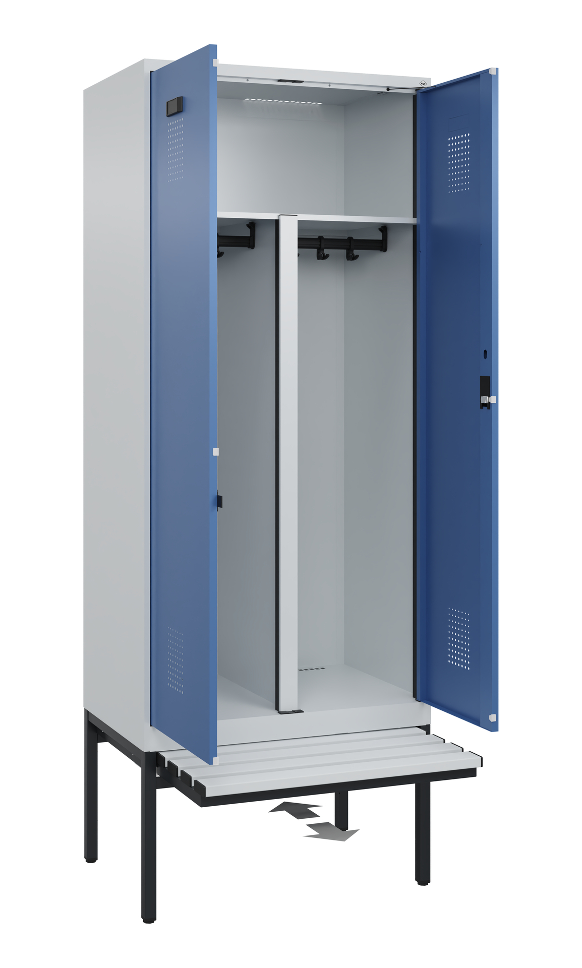 C+P PSA Schwarz-Weiß-Spind Evolo PLUS, Bank, 2 Abteile, 2120x800x815mm