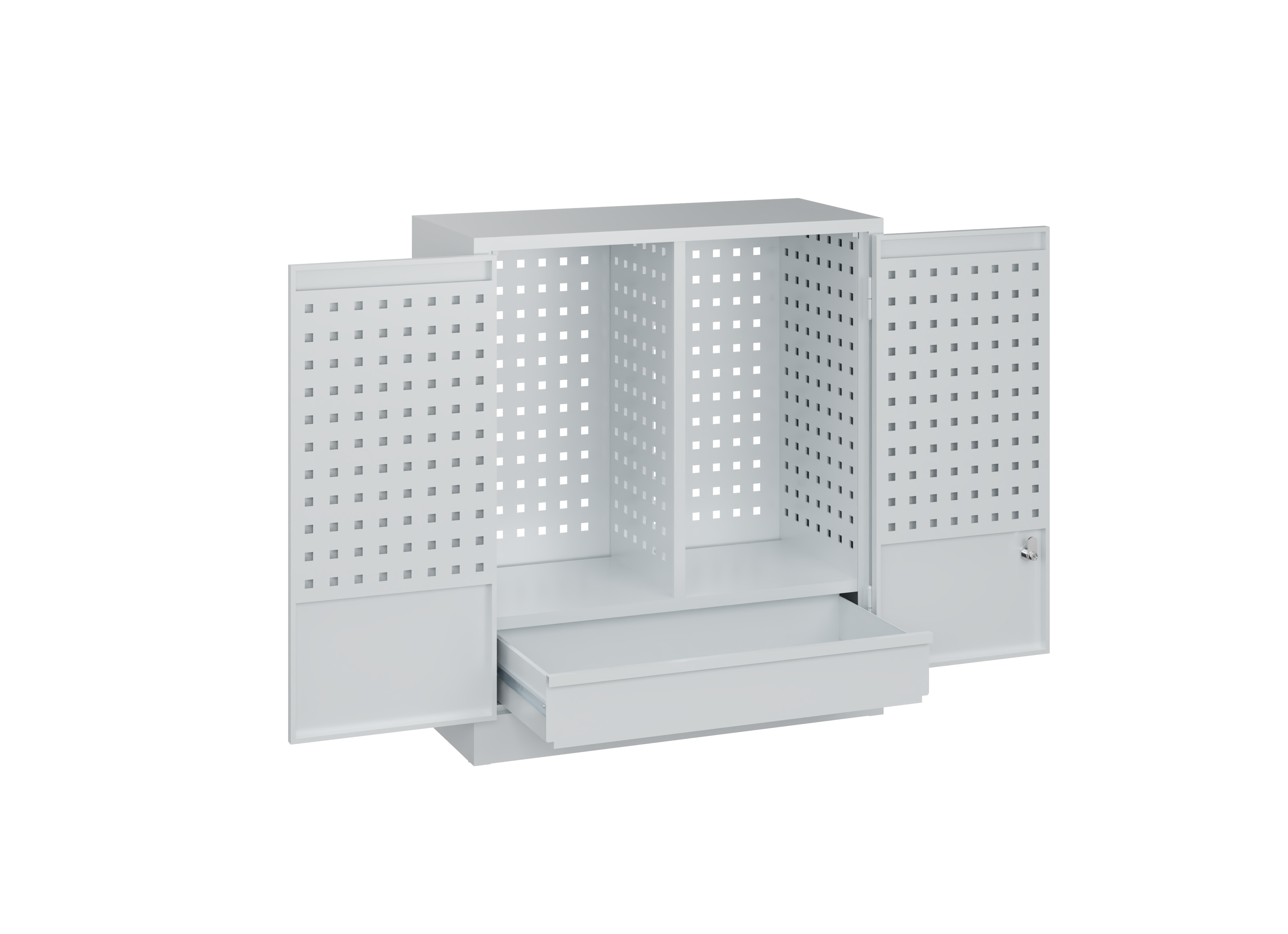 Werkzeugschrank mit offenen Türen und Schublade in grauem Metall.