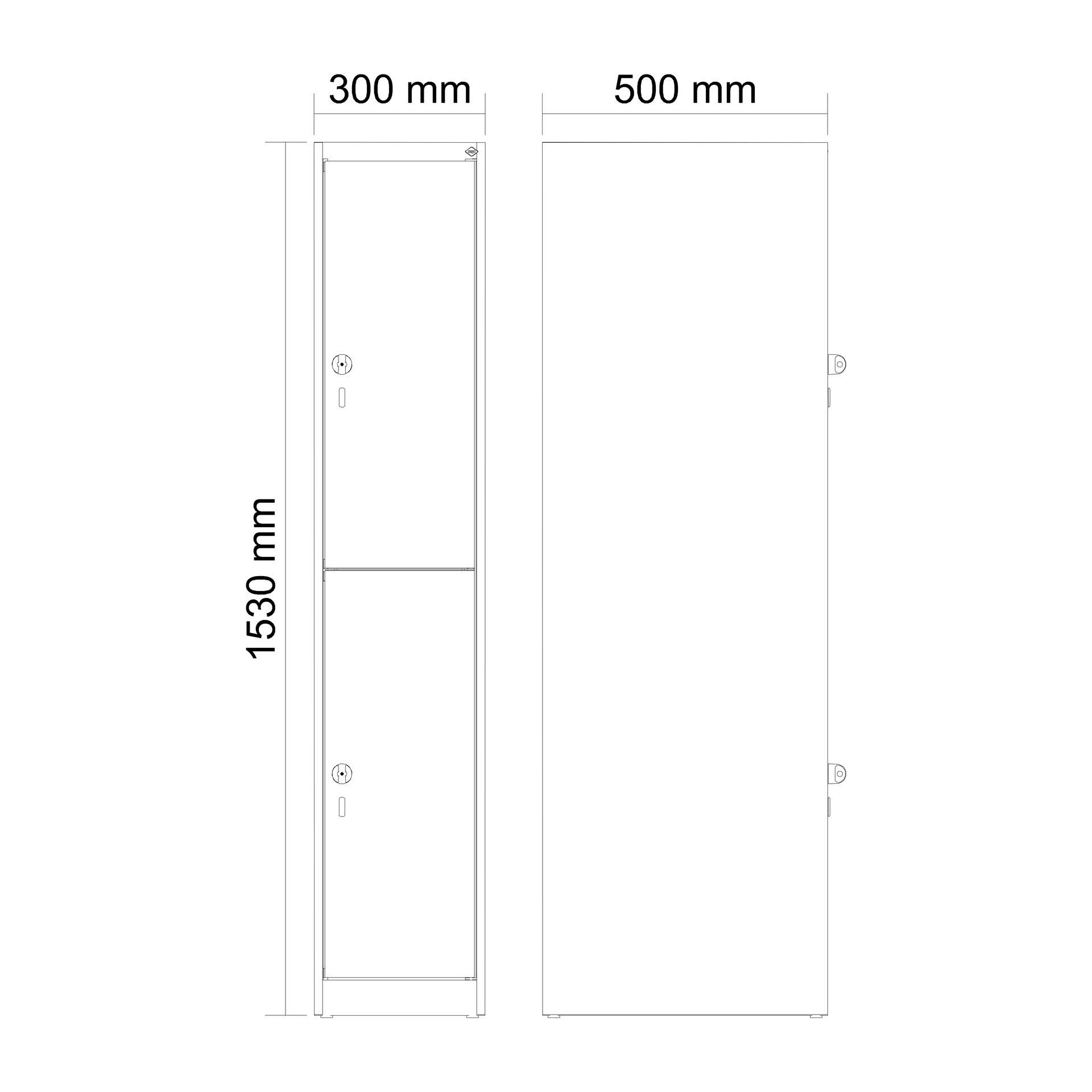 Schränke Skizzen, Abmessungen 1530x300 mm und 500 mm, zweigeteilt.
