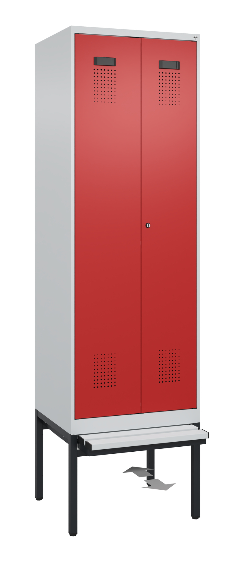 C+P PSA Schwarz-Weiß-Spind Evolo PLUS, Bank, 2 Abteile, 2120x600x815mm