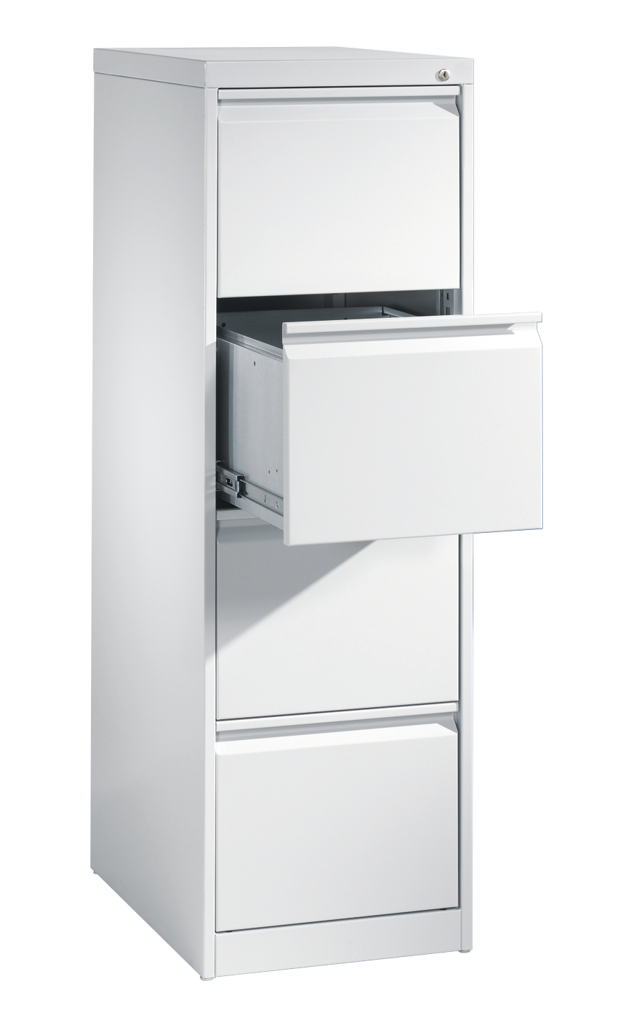 Weißer Aktenschrank mit offener Schublade in Büroumgebung.