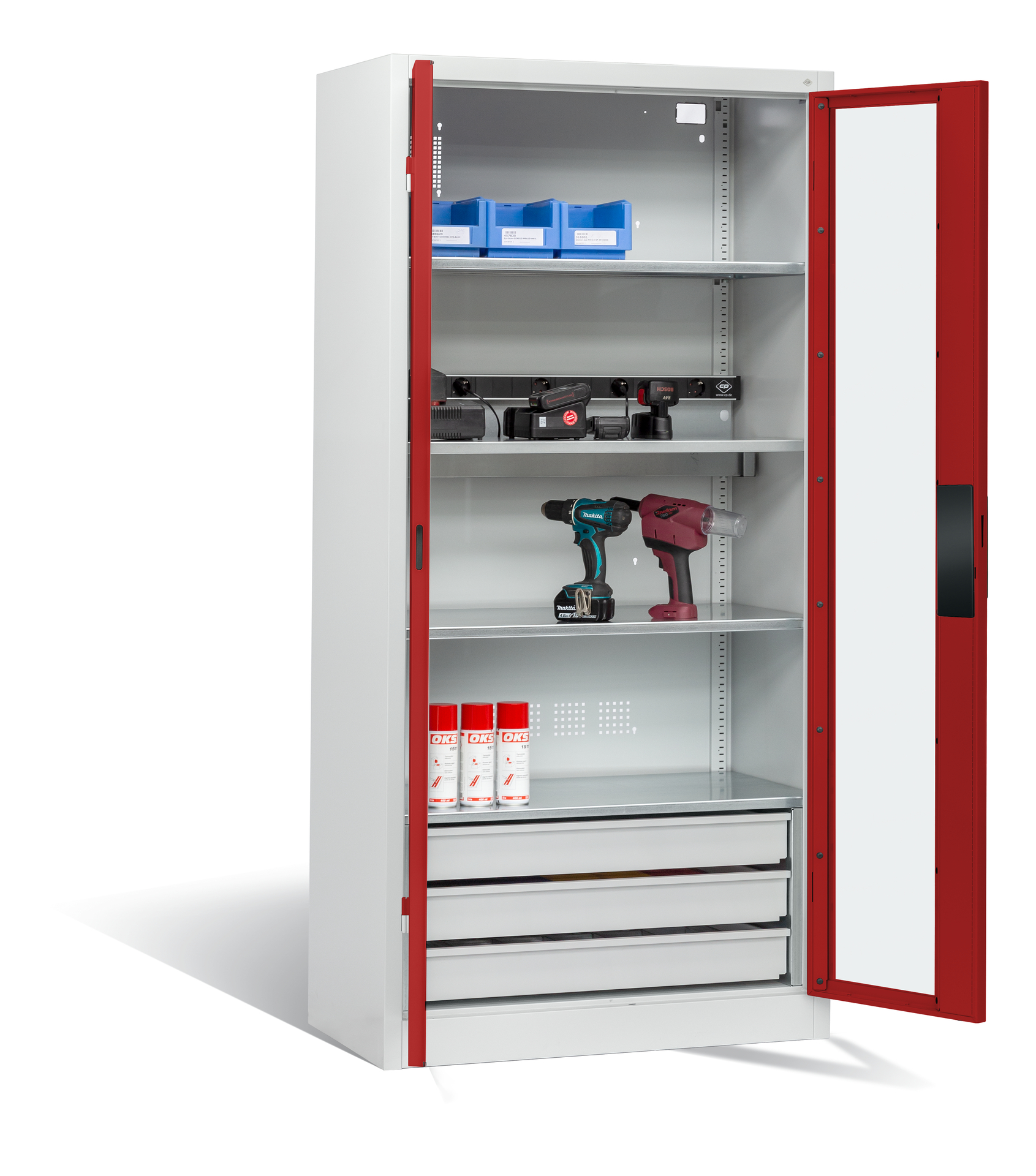 Werkzeugschrank gefüllt mit Werkzeugen und Sprühdosen in rotem Türrahmen.