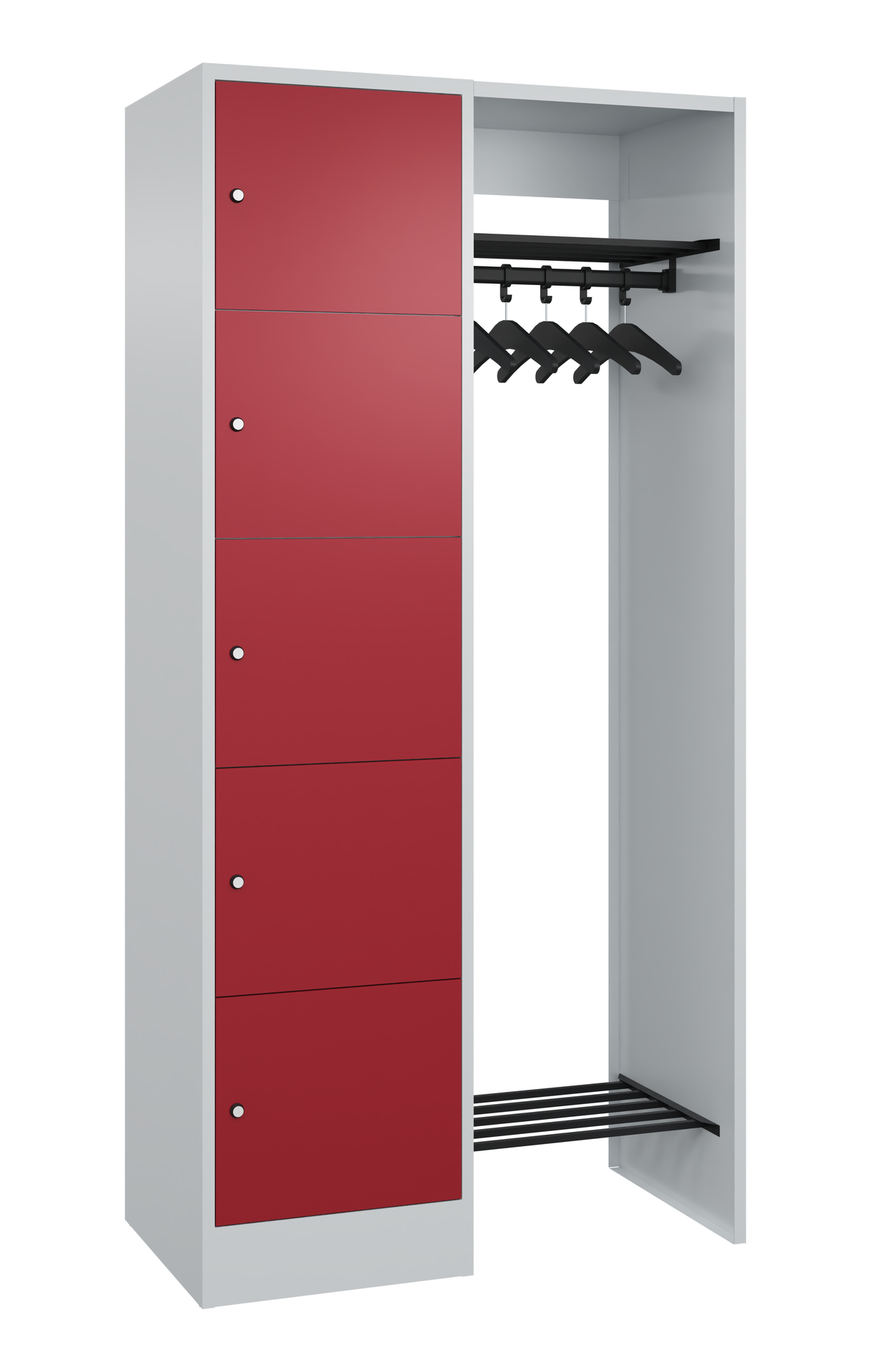 Roter Metallschrank mit offenen Schranktüren und Kleiderstange im Innenraum.