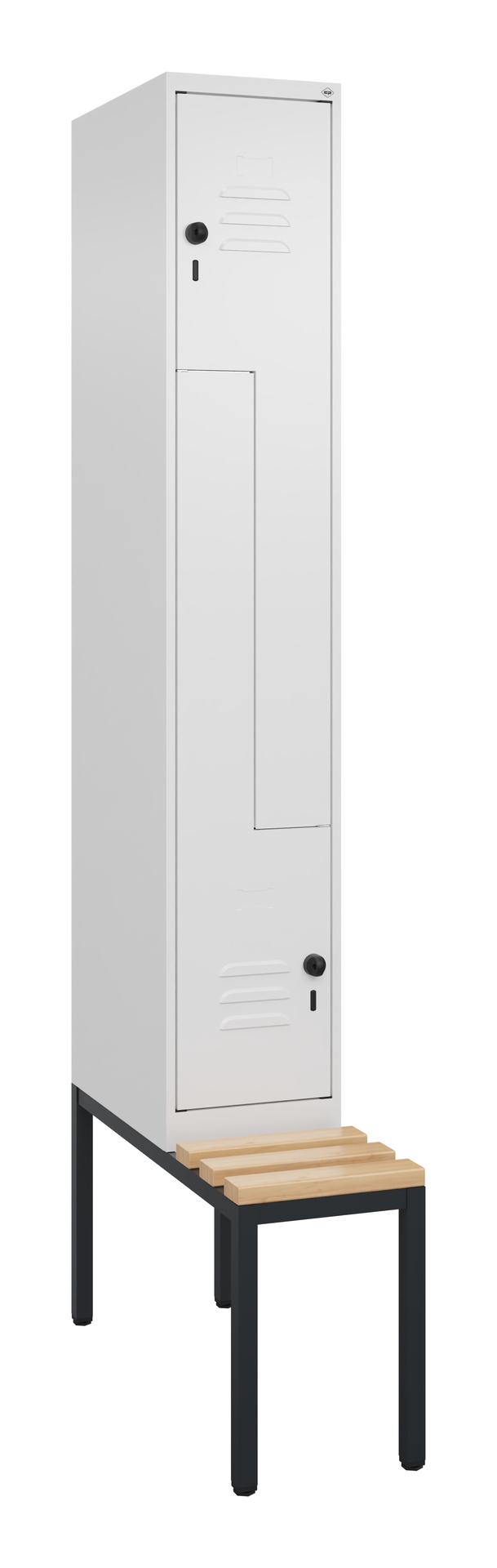 Metallschrank mit Bank, weiß, steht in Studioaufnahme.