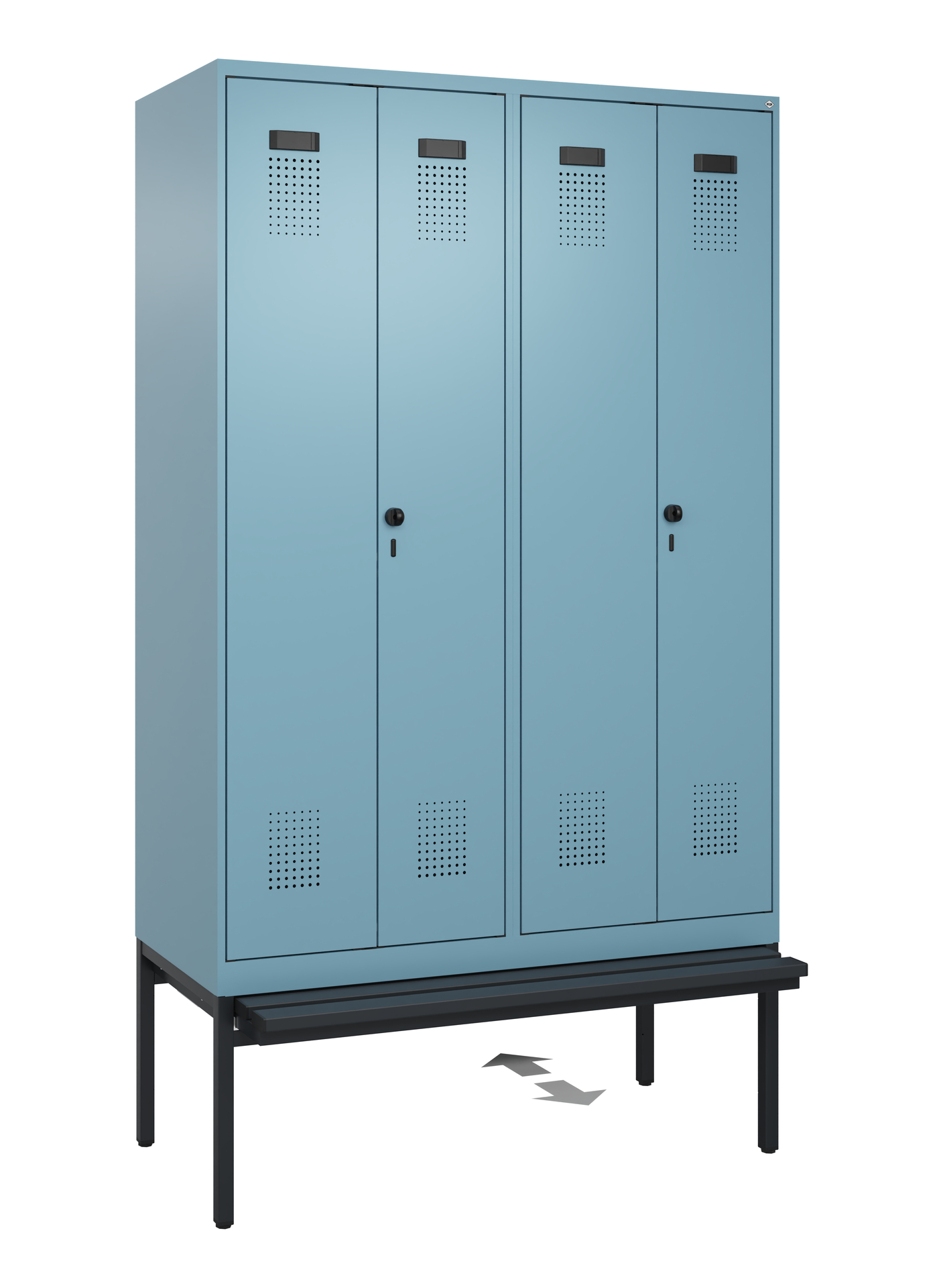 C+P PSA Schwarz-Weiß-Spind Evolo PLUS, Bank, 4 Abteile, 2120x1200x815mm