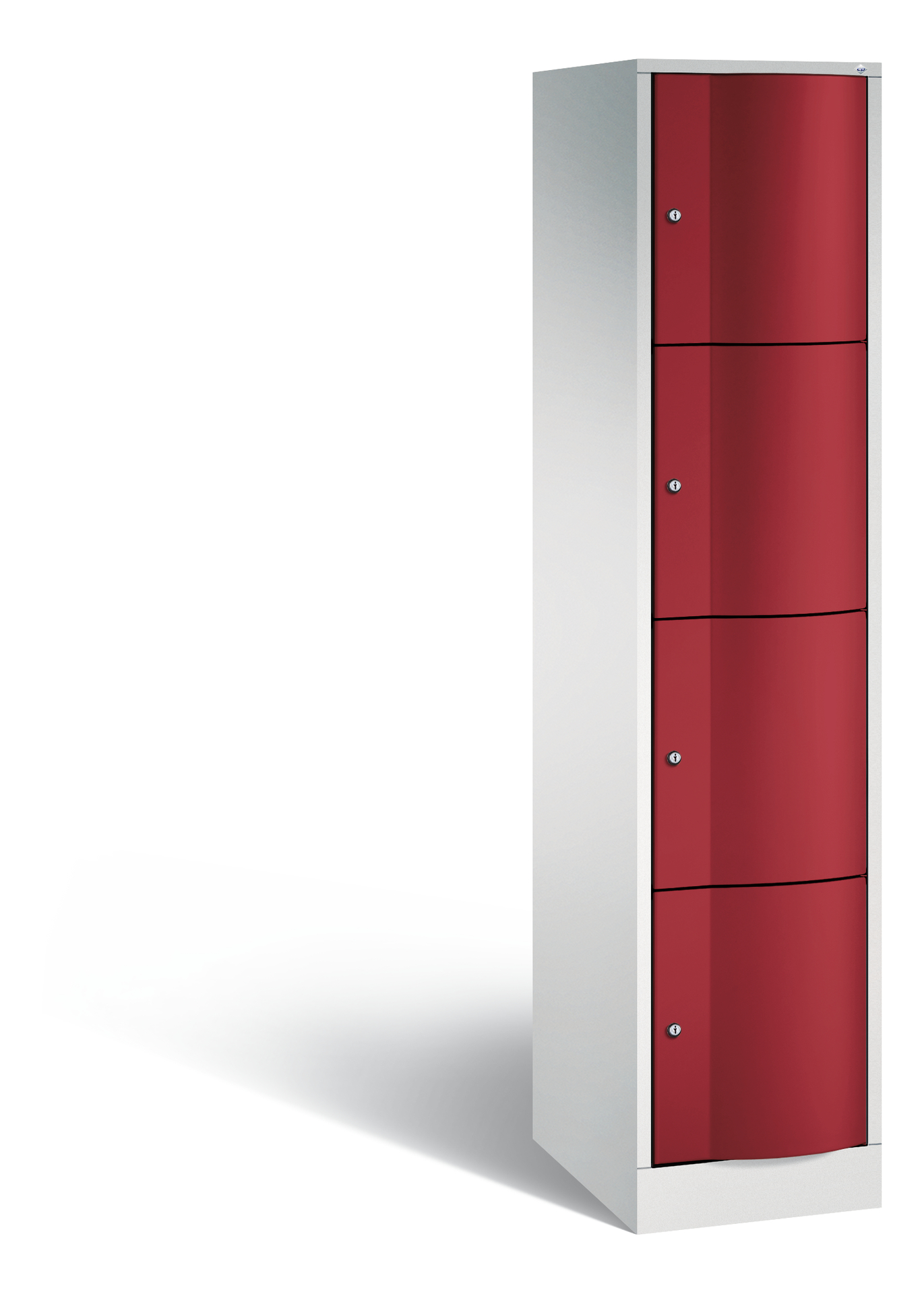 Roter Metallschrank steht allein auf hellem Hintergrund.