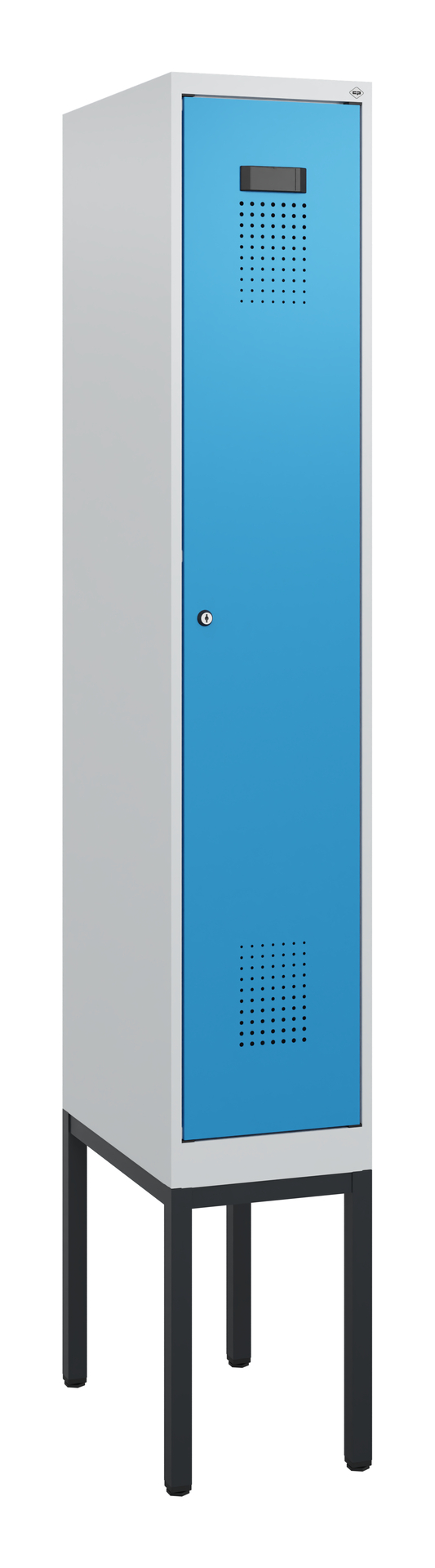 Blauer Spind steht freistehend auf schwarzem Gestell im weißen Raum.