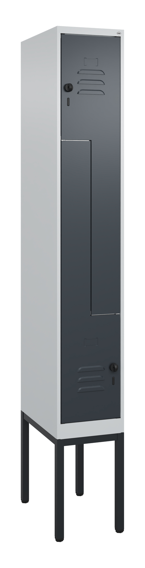 Einzelner Metallschrank mit Lüftungsschlitzen in neutralem Raum.