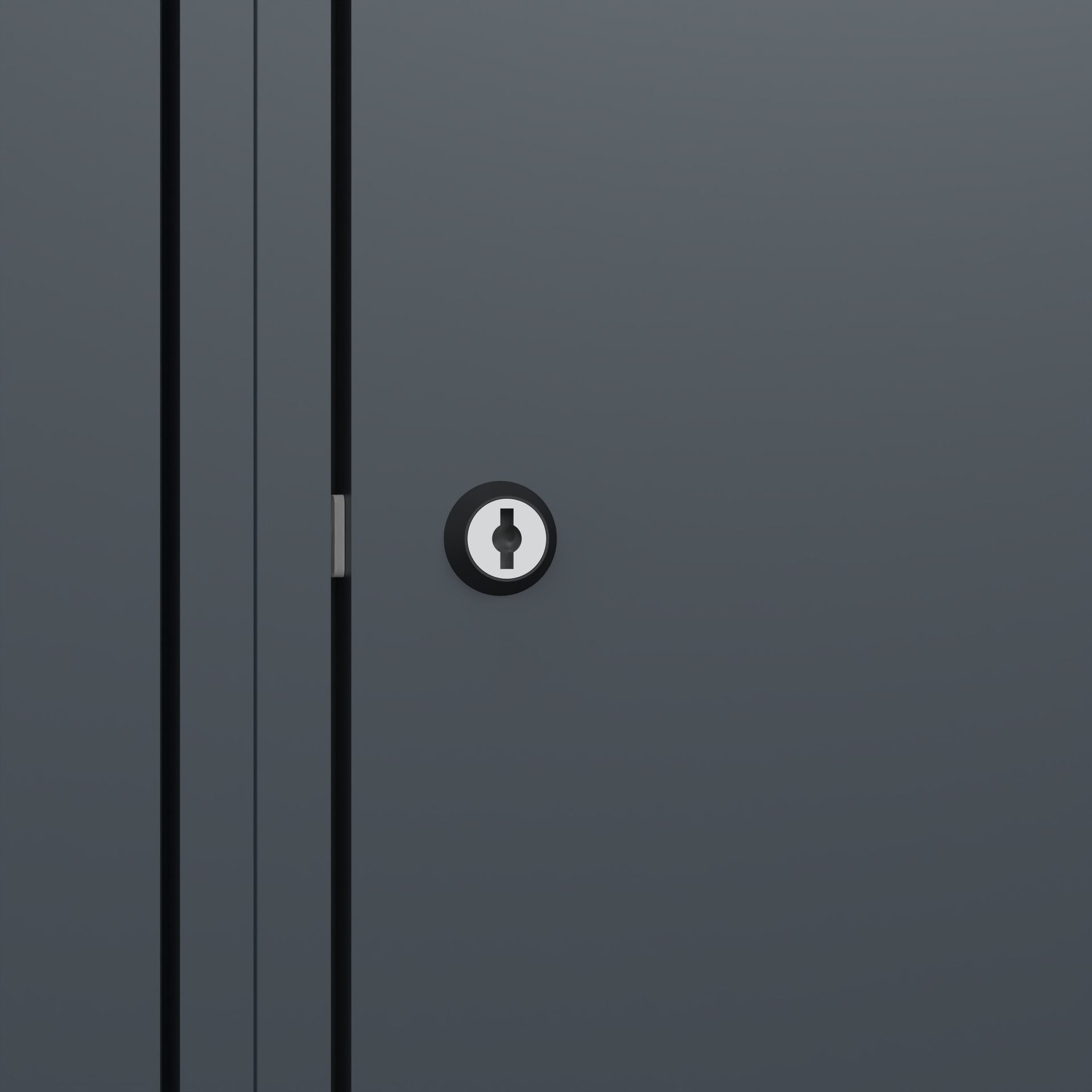 Schlüsselloch in dunkelgrauer Tür, Nahaufnahme, minimalistische Umgebung.
