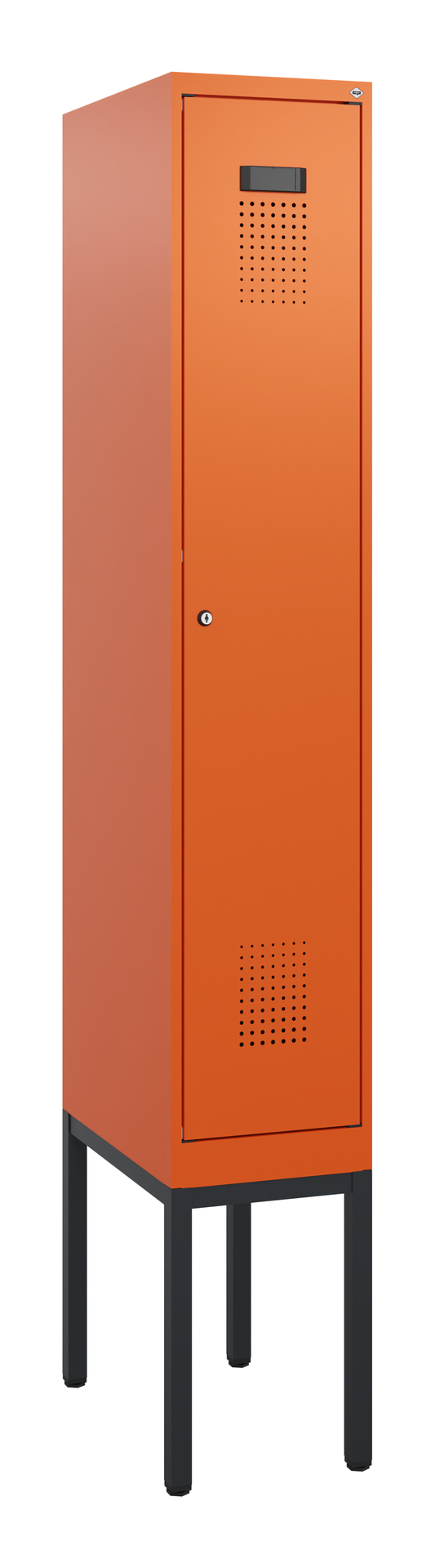 Oranger Spind steht auf schwarzen Beinen in weißem Raum.