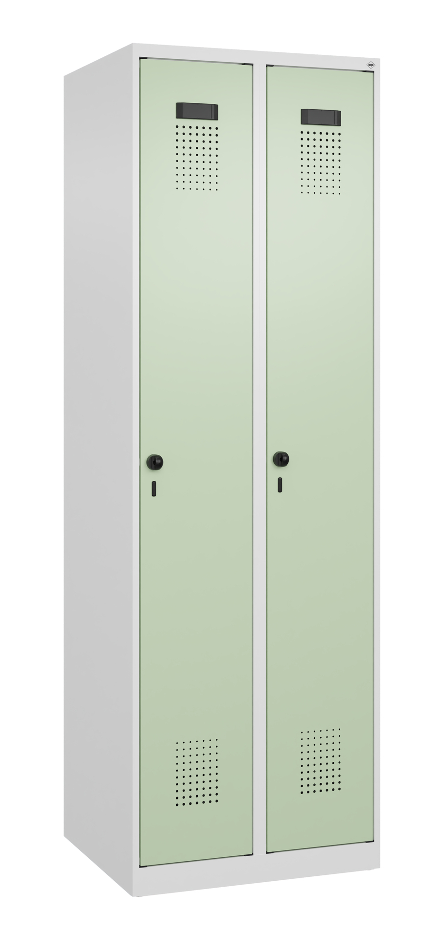 Grüner Doppelspind mit Lüftungsschlitzen in heller Umgebung.