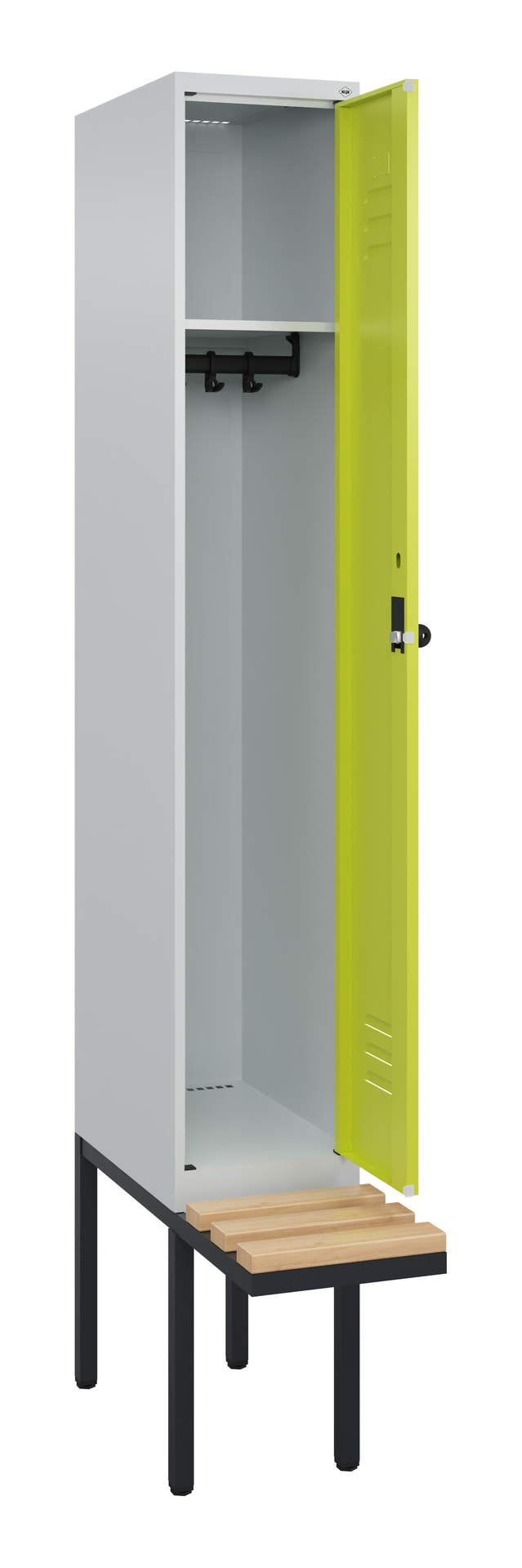 Metallspind mit gelber Tür, geöffnet, auf schwarzem Bein in leerem Raum.