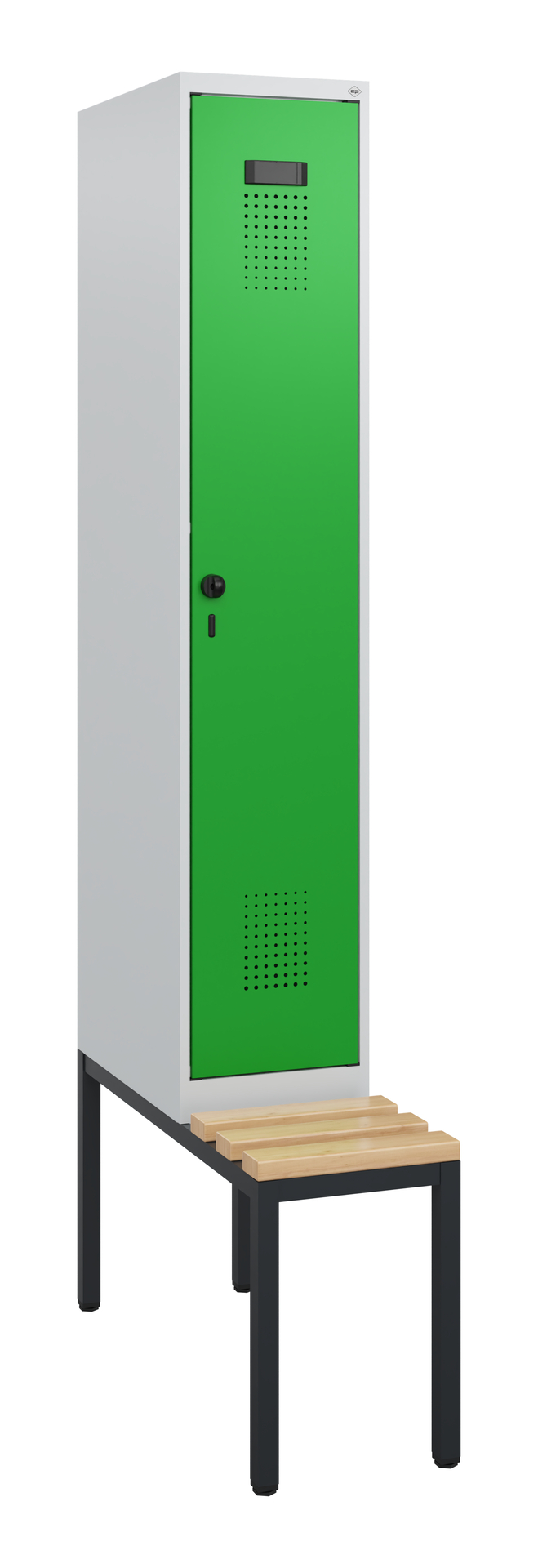 Grüner Umkleideschrank auf integriertem Sitz in weißem Raum.