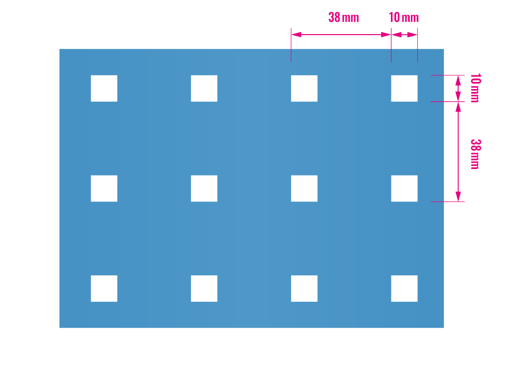 Blaue Fläche mit Löchern und Abstandsmaßen von 10mm und 38mm.