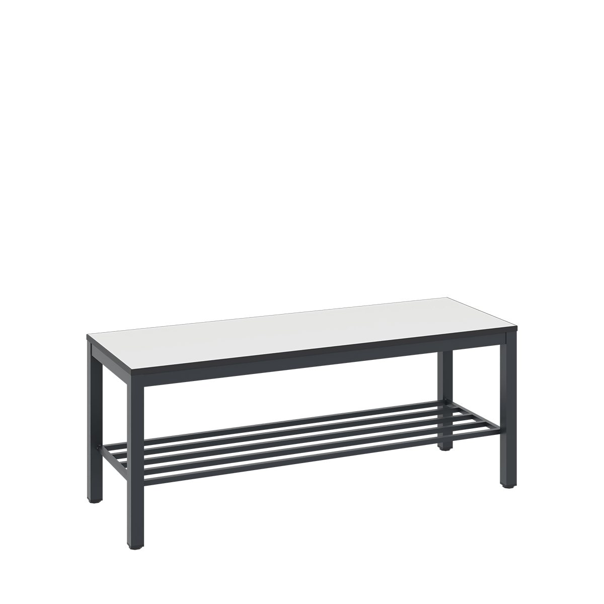 Metallbank mit weißer Sitzfläche, steht auf schwarzem Hintergrund.