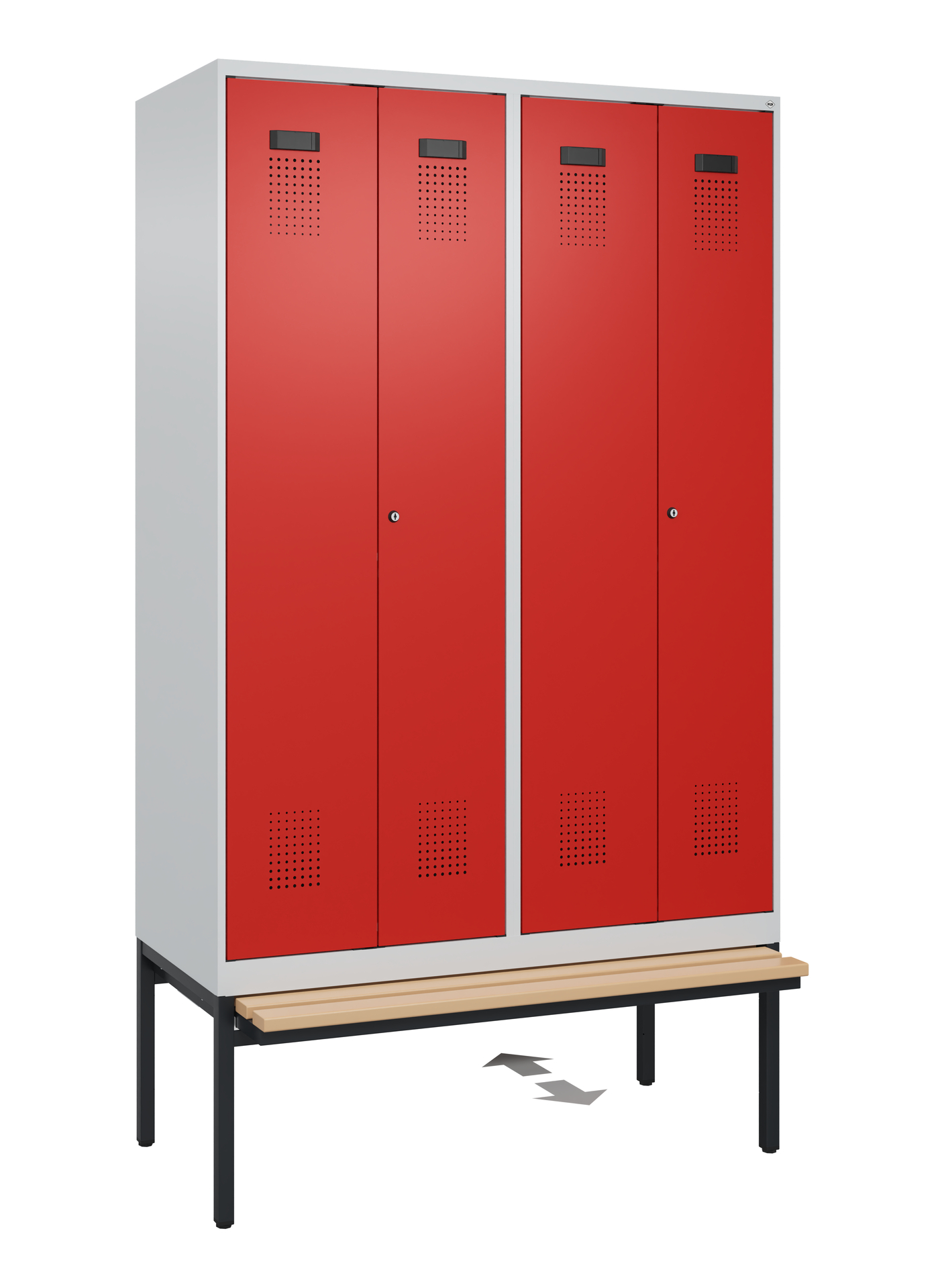 C+P PSA Schwarz-Weiß-Spind Evolo PLUS, Bank, 4 Abteile, 2120x1200x815mm