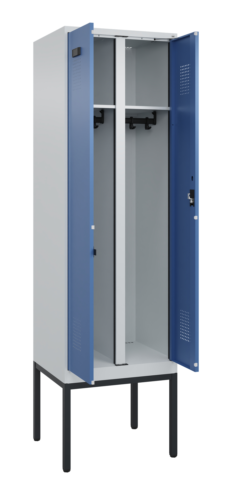 Metallspind geöffnet stehend auf Metallgestell in leerem Raum.