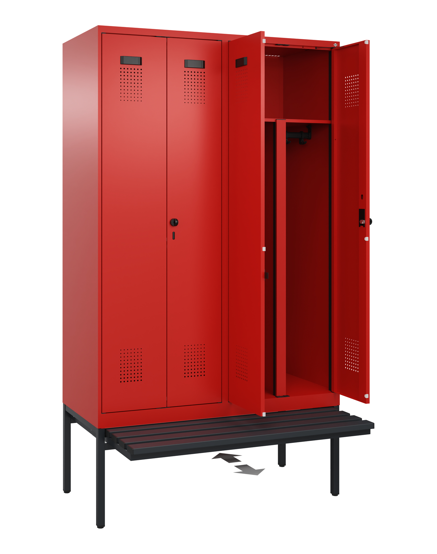 C+P PSA Schwarz-Weiß-Spind Evolo PLUS, Bank, 4 Abteile, 2120x1200x815mm