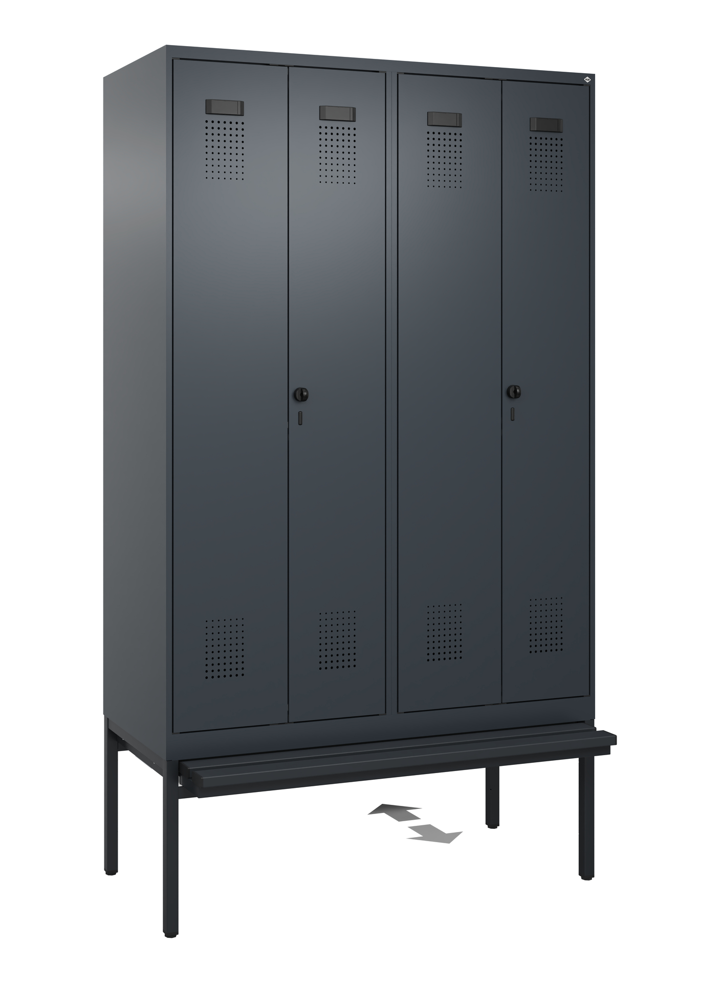 C+P Schwarz-Weiß-Spind Evolo PLUS, Bank, 4 Abteile, 2120x1200x815mm