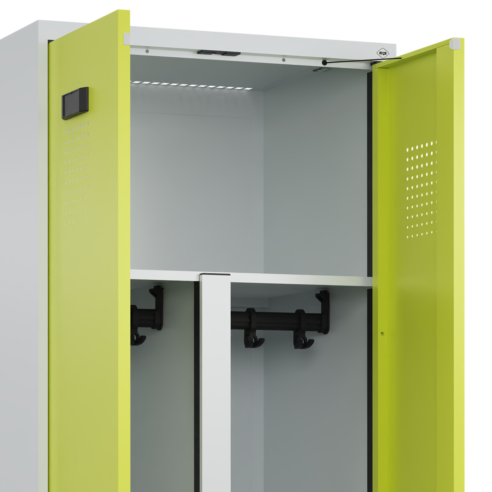 C+P PSA Schwarz-Weiß-Spind Evolo PLUS, Bank, 4 Abteile, 2120x1200x815mm
