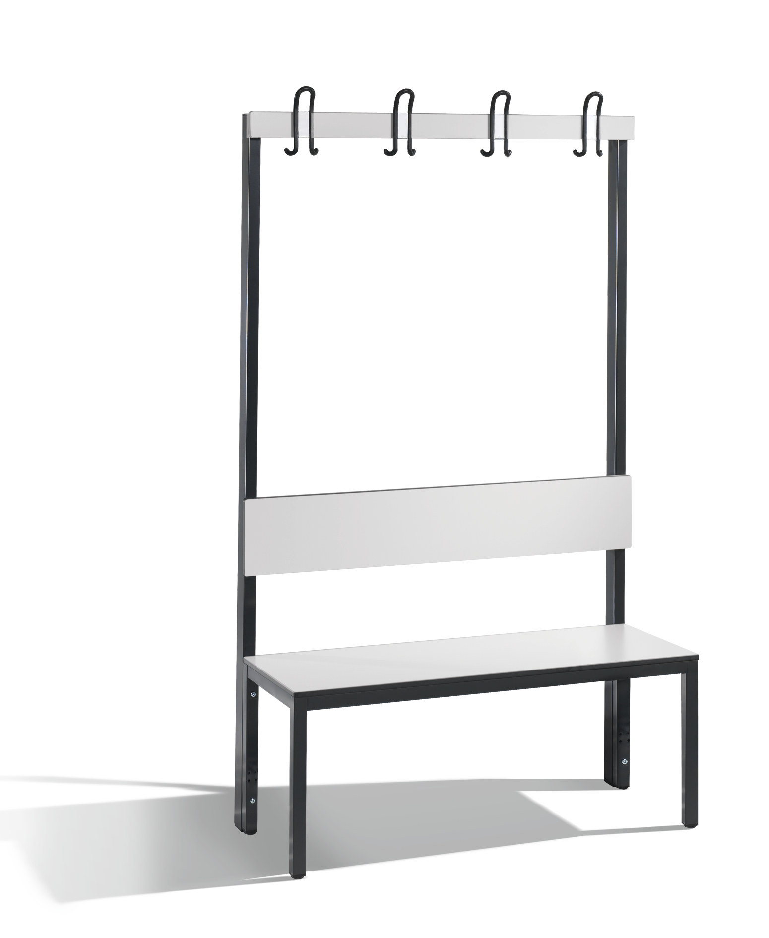 Garderobenbank mit schwarzen Haken und weißer Sitzfläche.