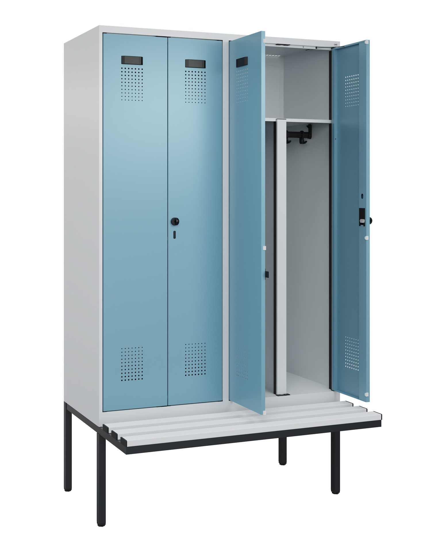 C+P PSA Schwarz-Weiß-Spind Evolo PLUS, Bank, 4 Abteile, 2120x1200x815mm