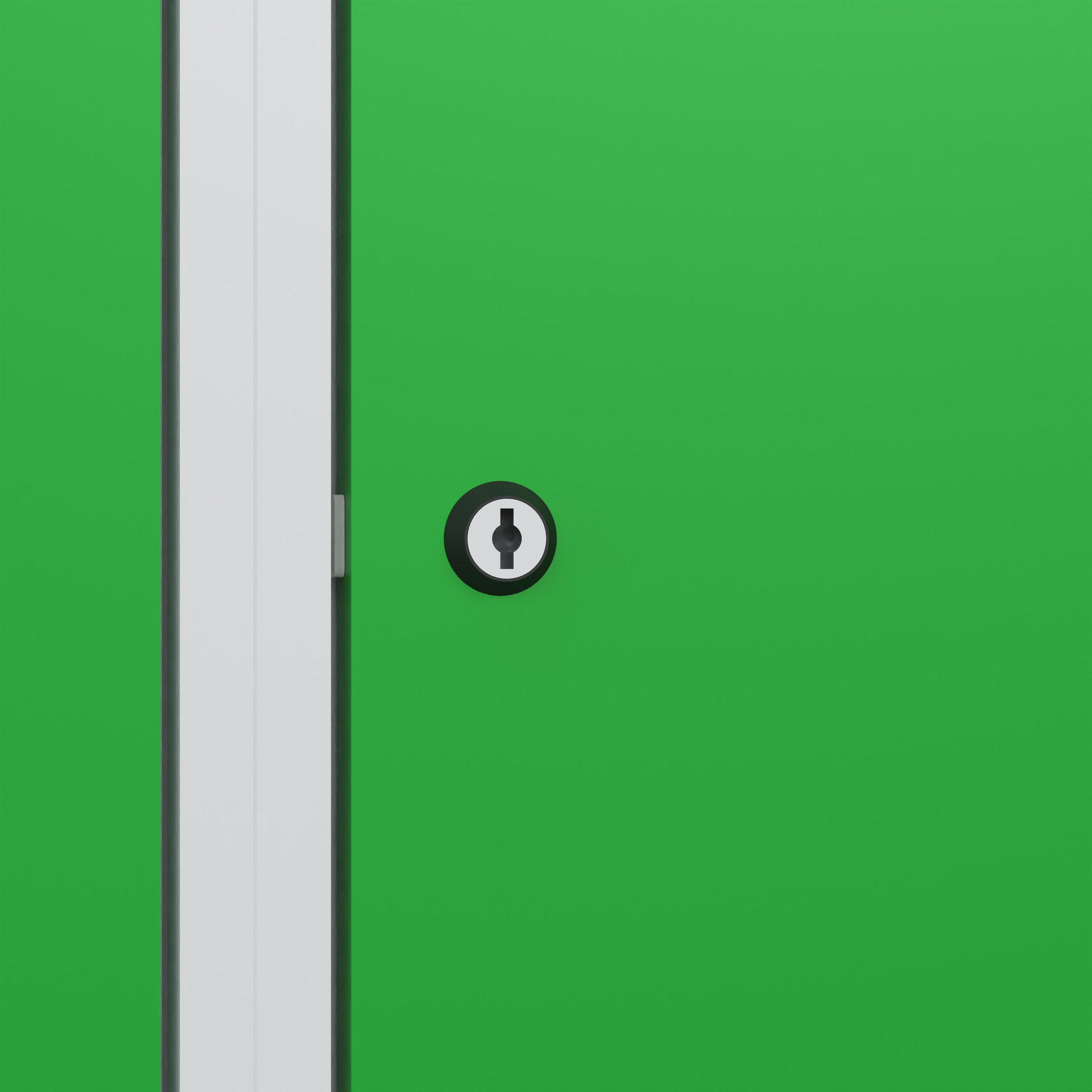 Grüne Tür mit Schlüsselloch, neben weißem Türrahmen in Innenansicht.