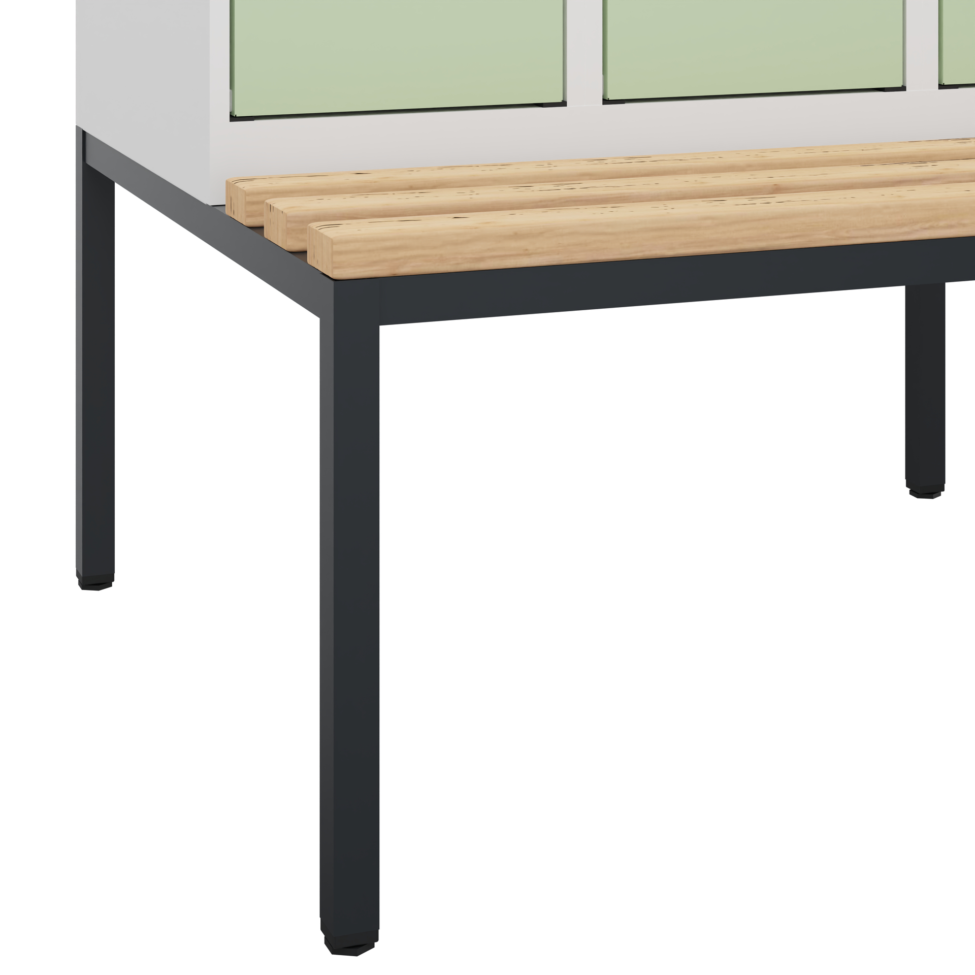 Holzbank sitzt auf Metallrahmen in Umkleideraum.