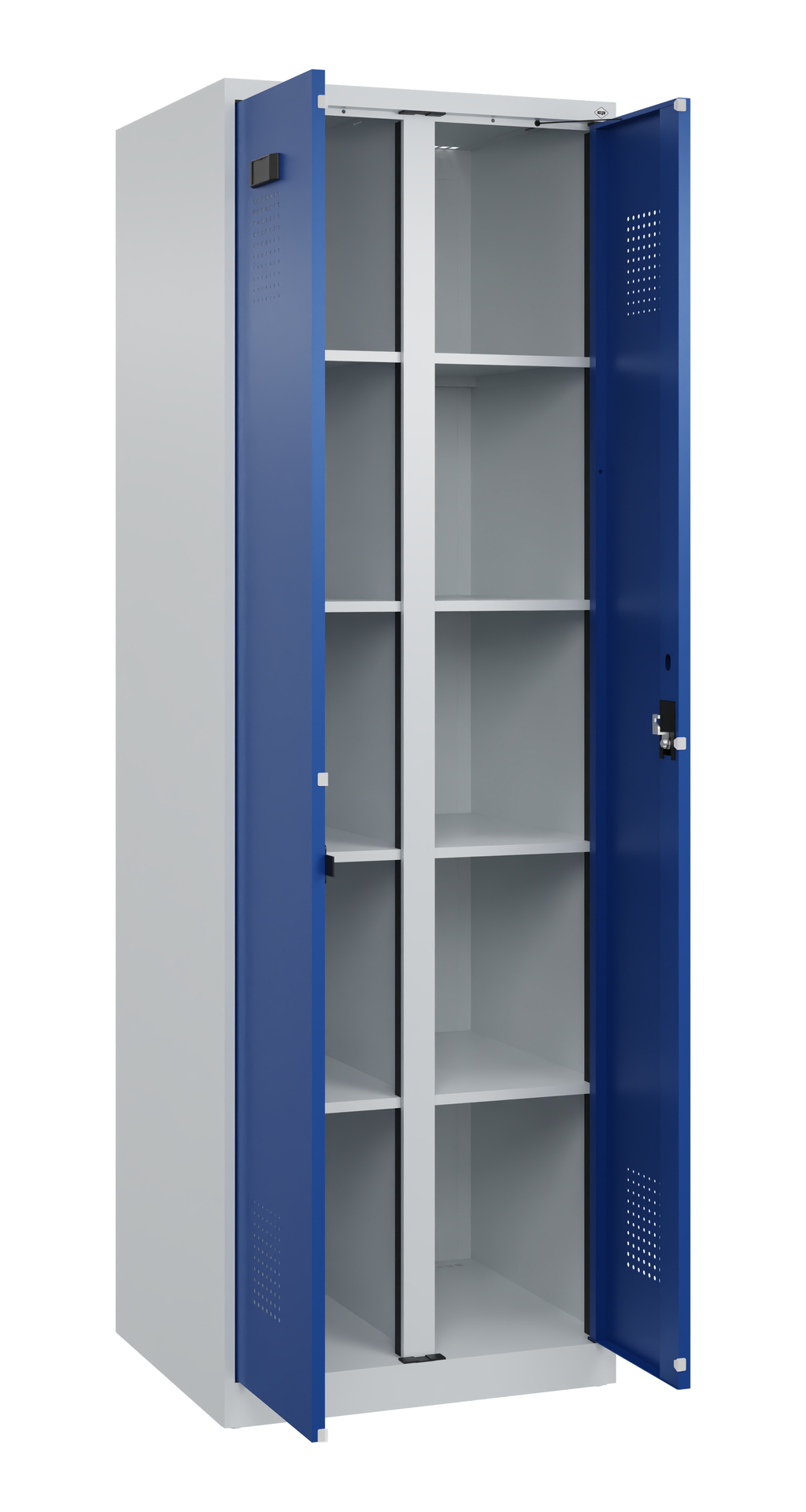 Metallschrank steht offen, zeigt leere Regalfächer, mit blauer Tür.