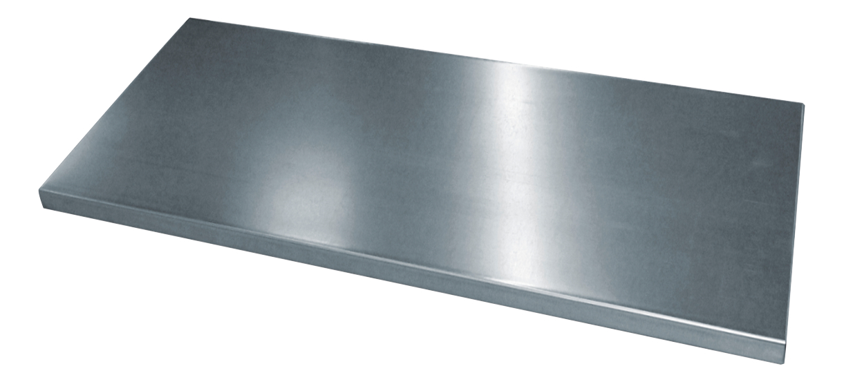 Metallplatte, liegt flach, auf weißem Hintergrund.