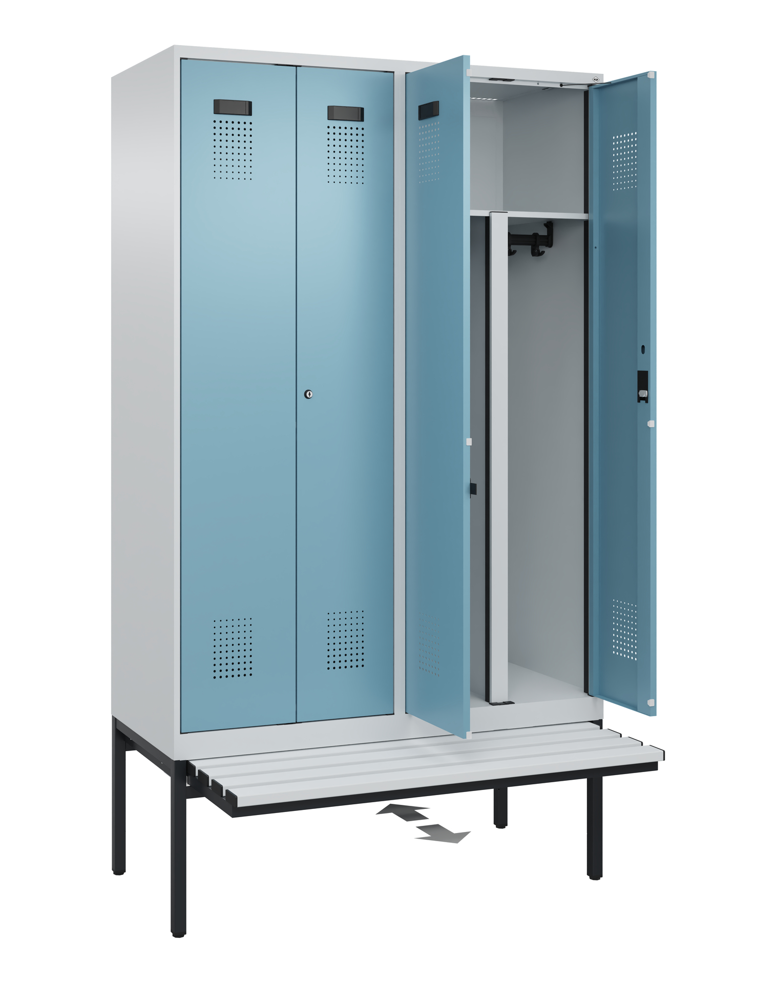 C+P PSA Schwarz-Weiß-Spind Evolo PLUS, Bank, 4 Abteile, 2120x1200x815mm