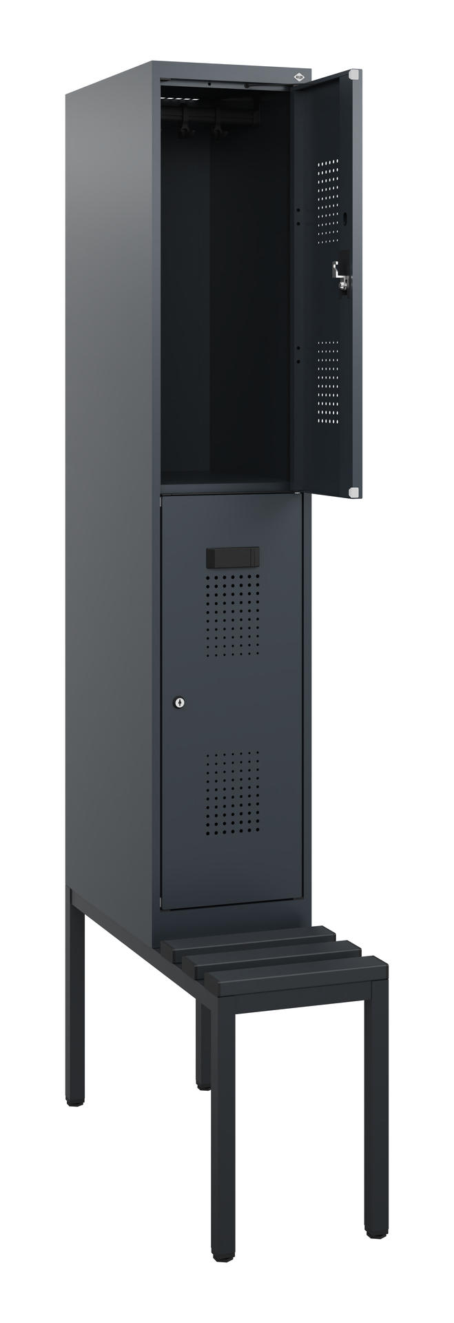 Stahlschrank mit geöffneter Tür auf Bank montiert, vor weißem Hintergrund.